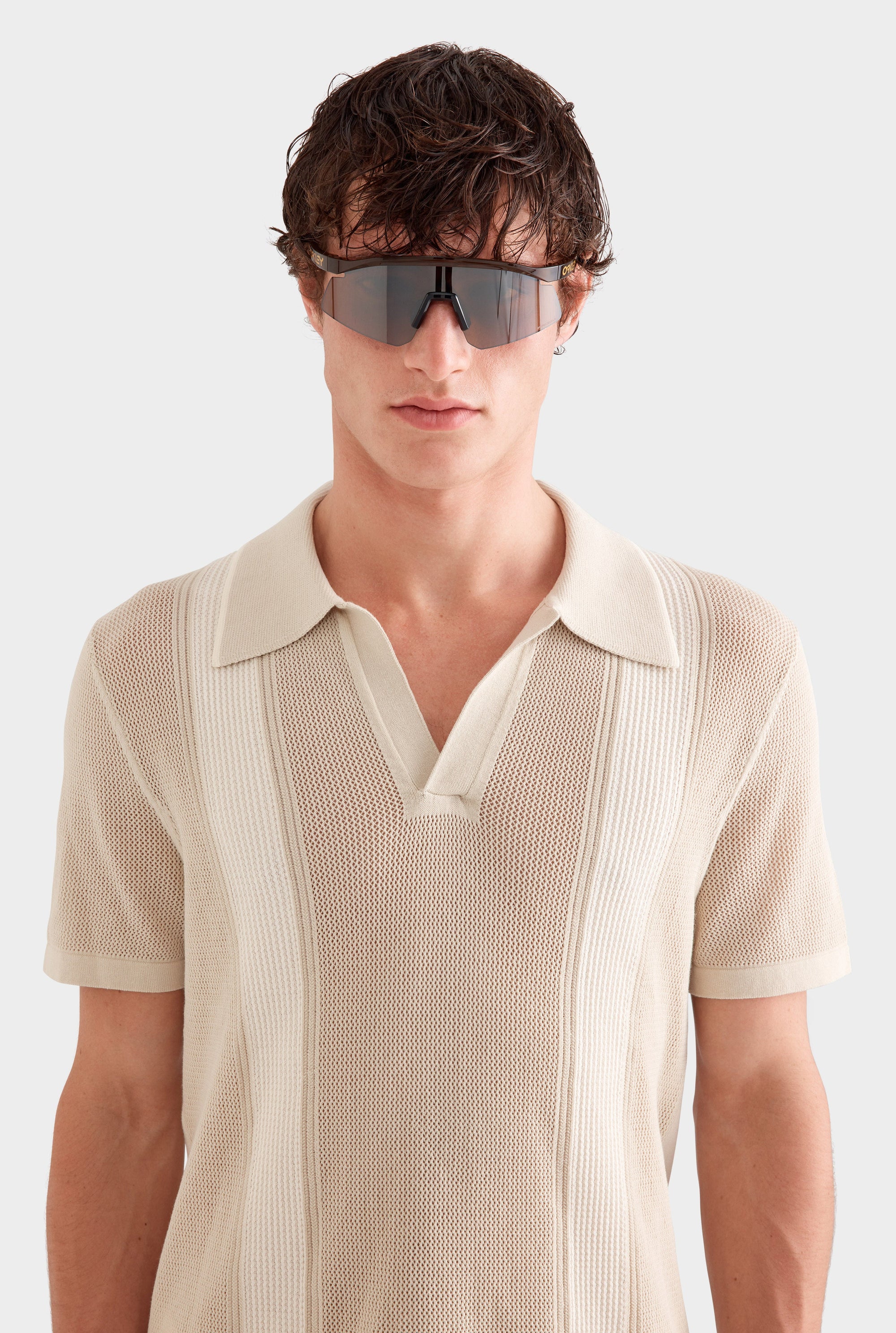 Knitted Cotton Pique Open Neck Polo -  Pistachio Shell/Cream