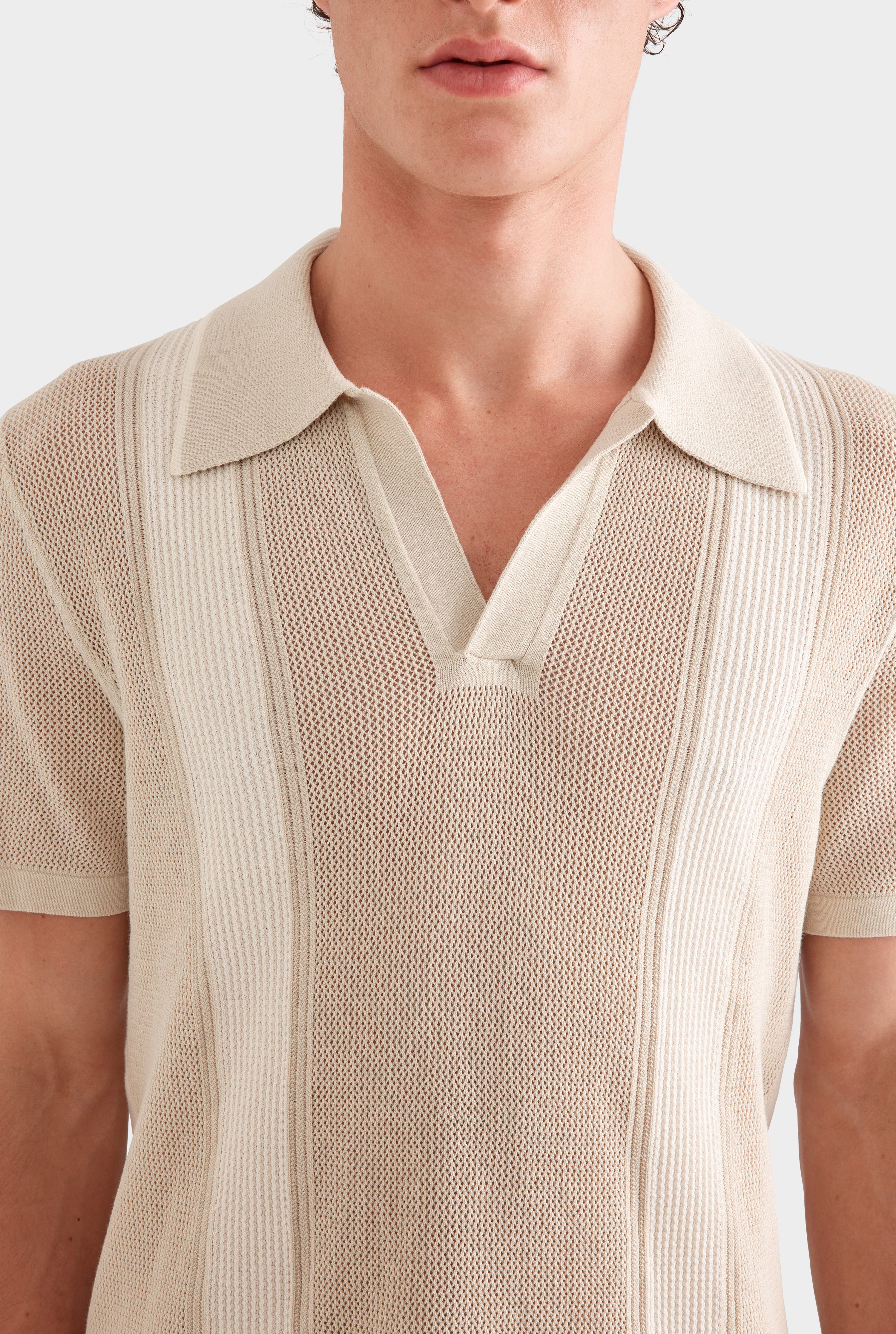 Knitted Cotton Pique Open Neck Polo -  Pistachio Shell/Cream