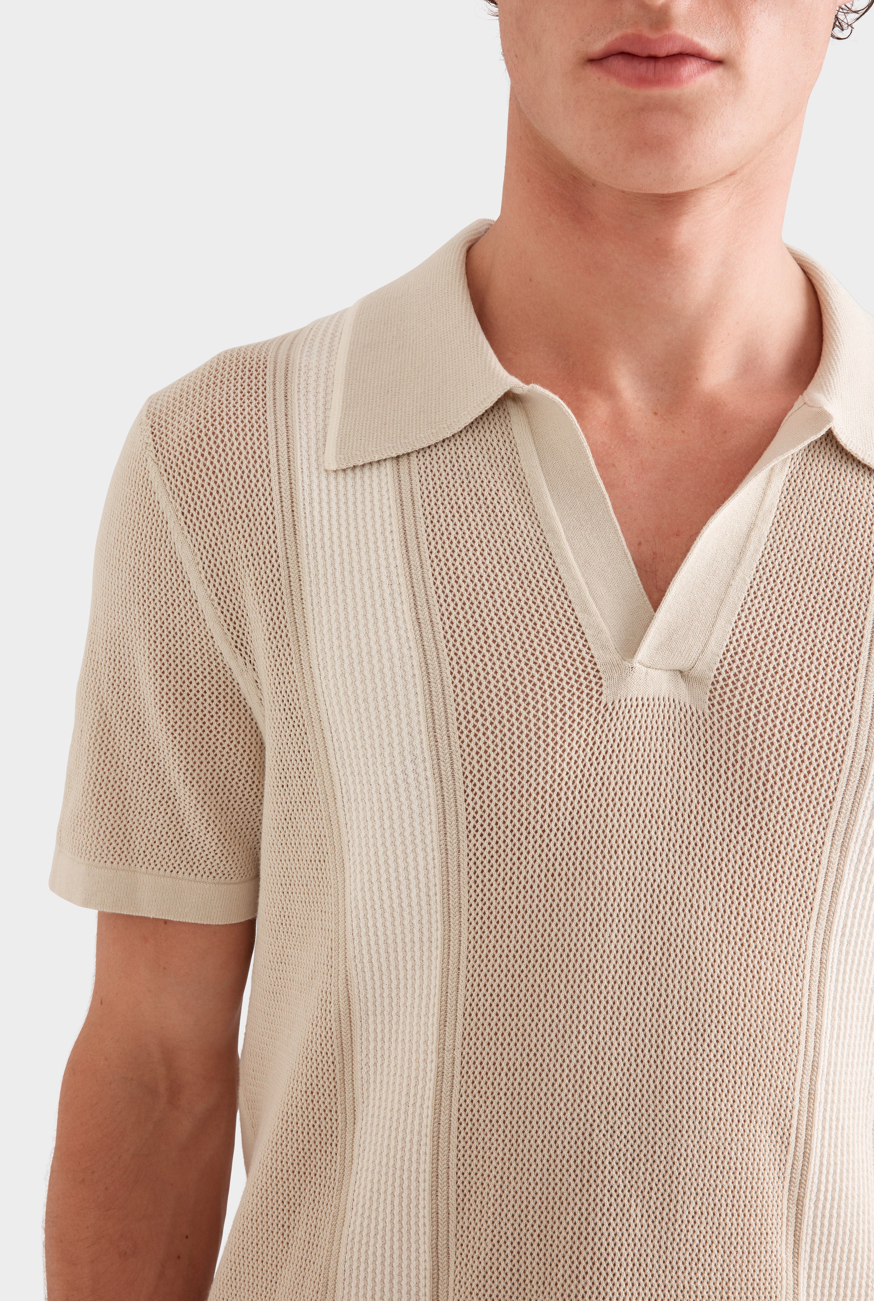 Knitted Cotton Pique Open Neck Polo -  Pistachio Shell/Cream