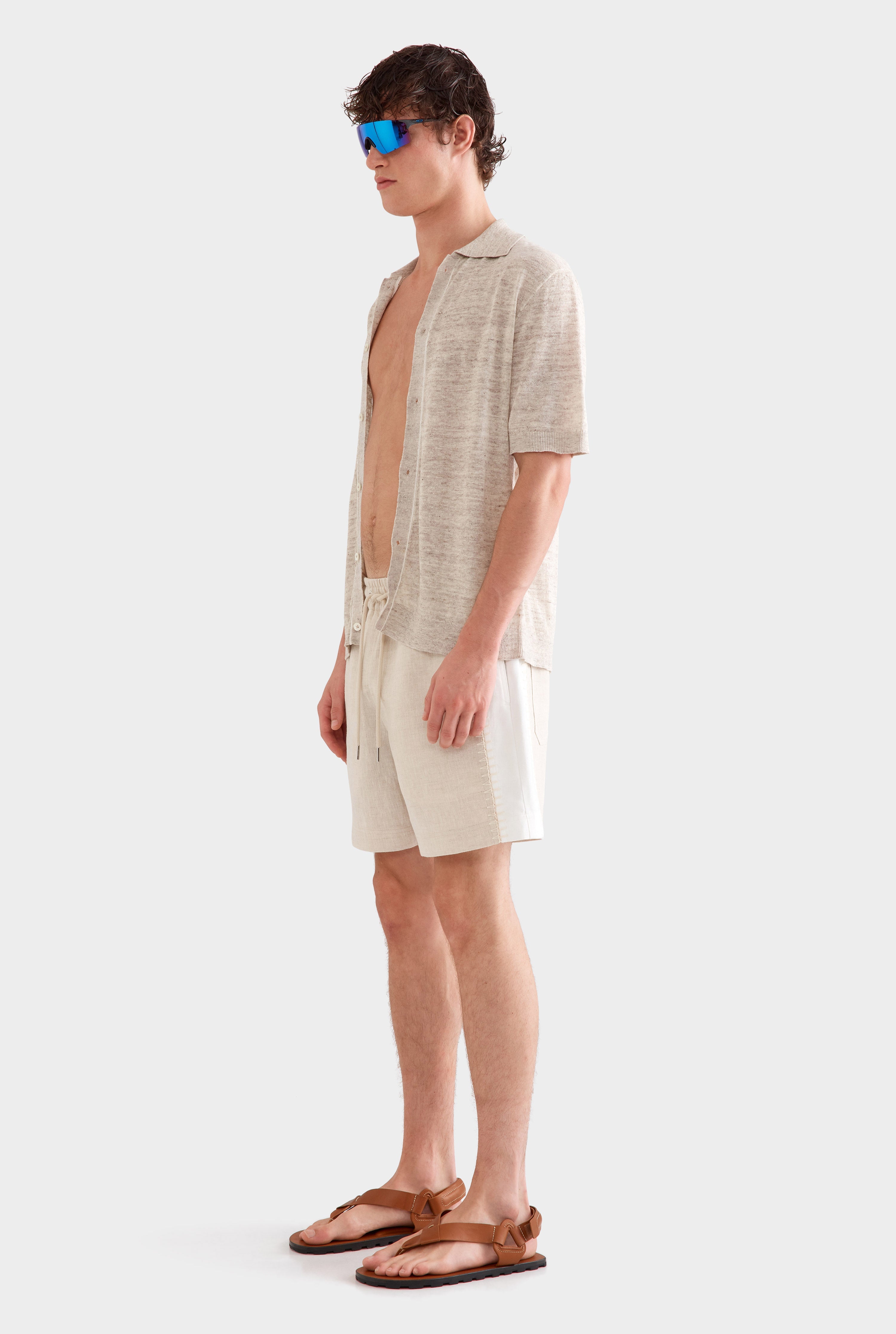 Knitted Linen Contrast Trim Shirt -  Vanilla Marl