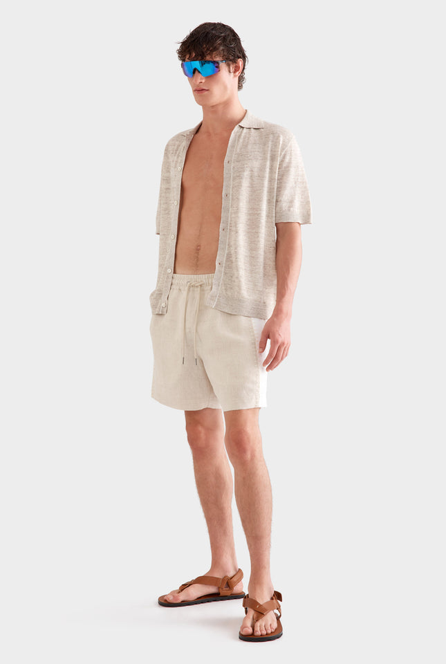 Knitted Linen Contrast Trim Shirt -  Vanilla Marl