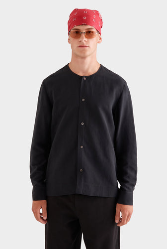 Long Sleeve Silk Linen Collar Short Sleeve Shirt -  Black