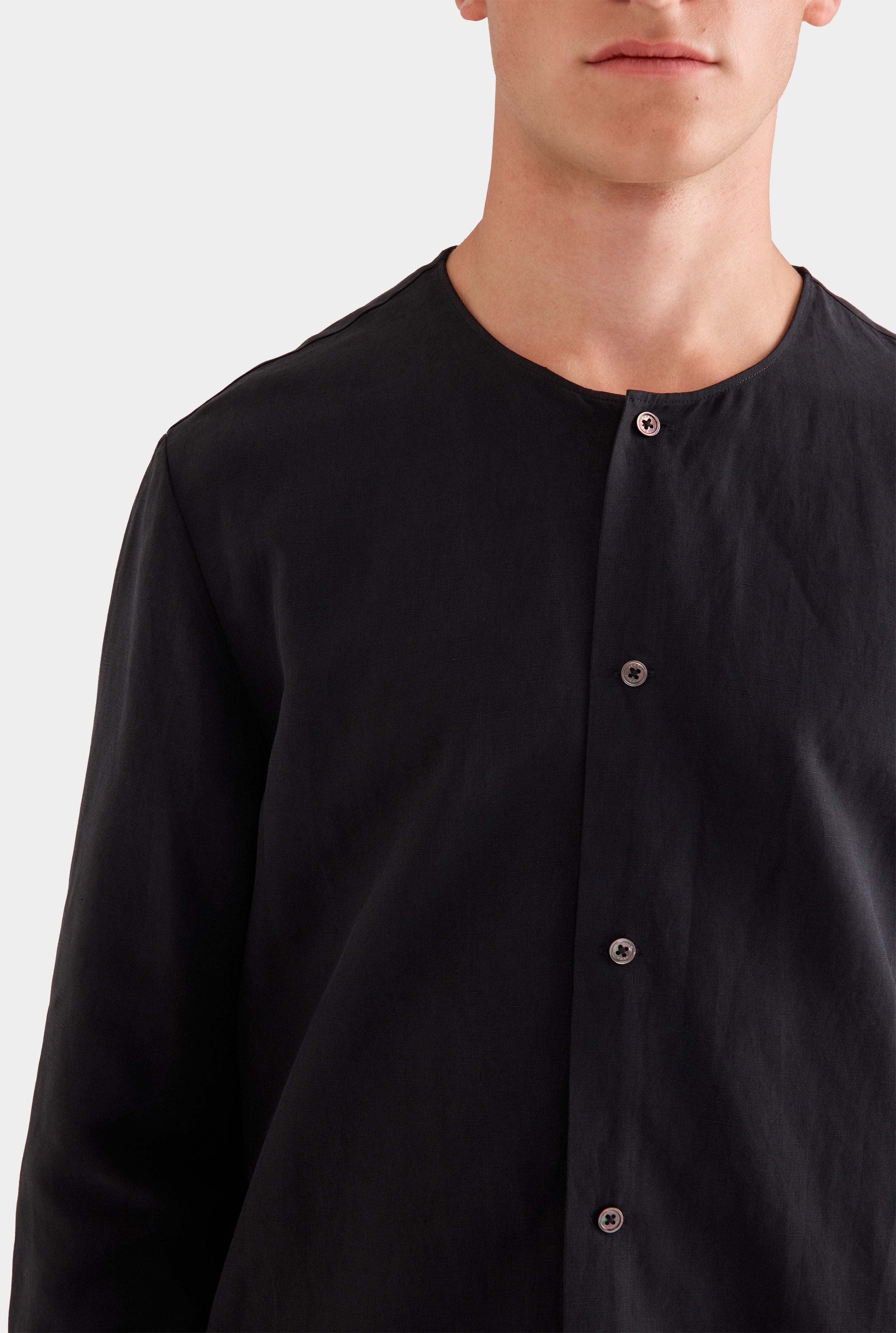 Long Sleeve Silk Linen Collar Short Sleeve Shirt -  Black