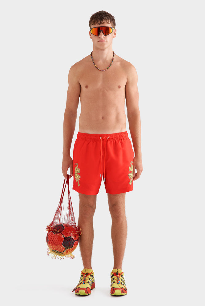 Printed Swim Short - Bright Red/Jaguar Embroidery