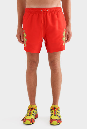 Printed Swim Short - Bright Red/Jaguar Embroidery