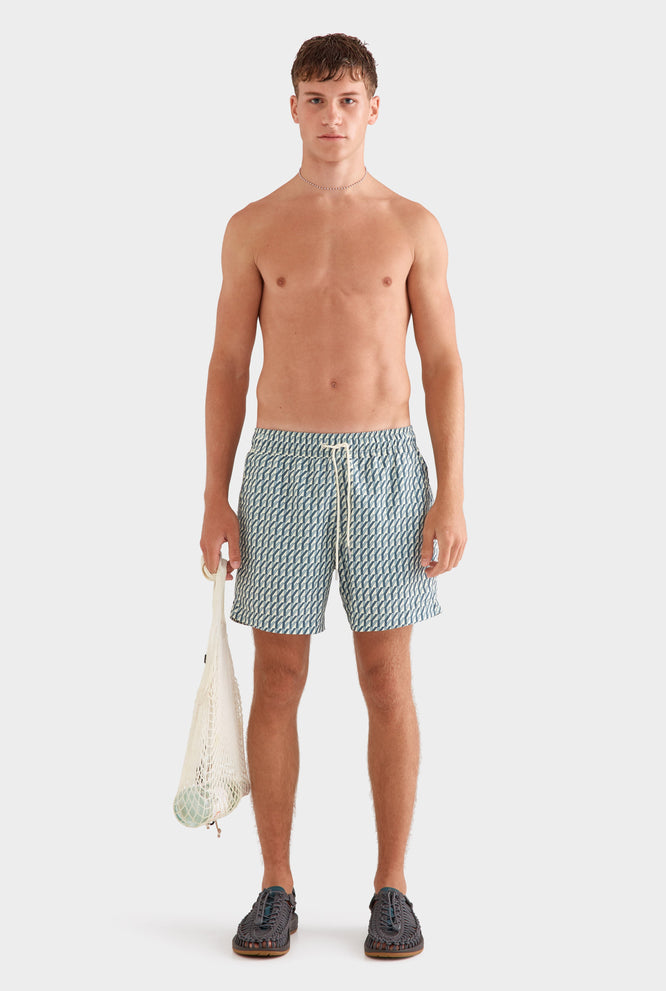 Printed Swim Short - Dark Slate/Antique White V Monogram