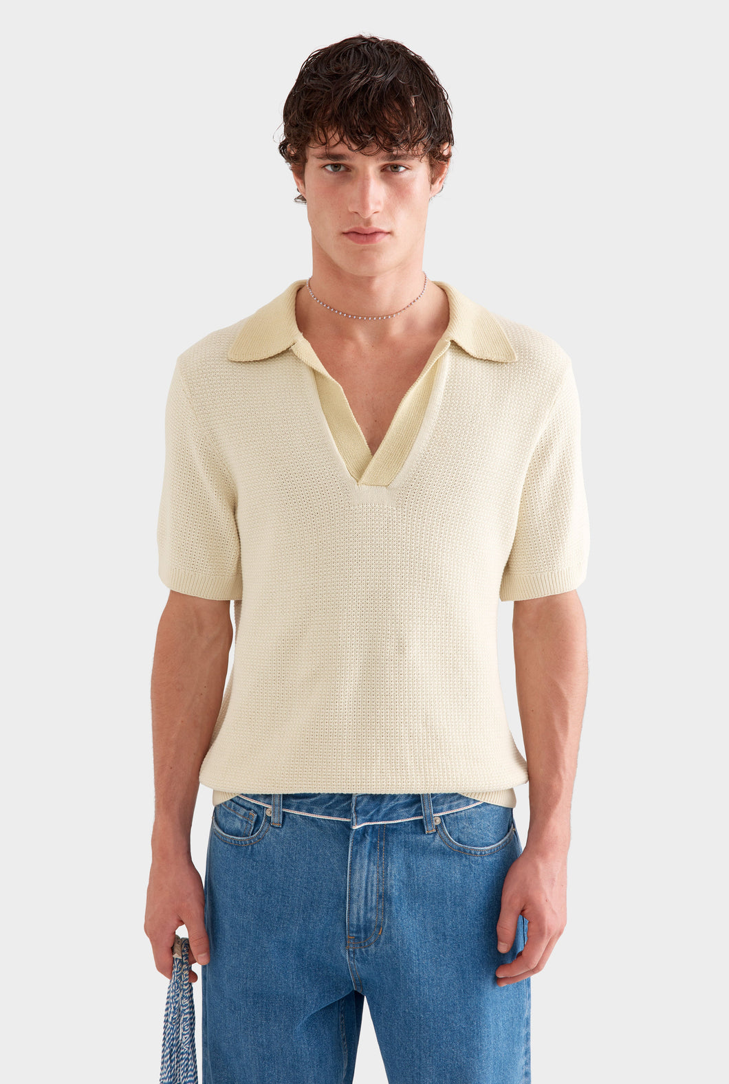 Relaxed Cotton Knit Open Neck Polo -  Cream/Green Haze