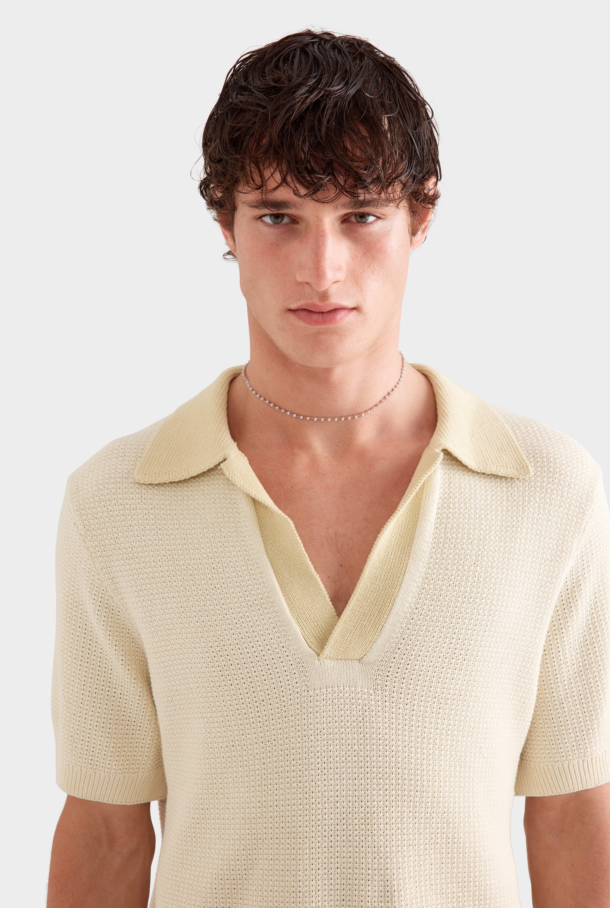 Relaxed Cotton Knit Open Neck Polo -  Cream/Green Haze