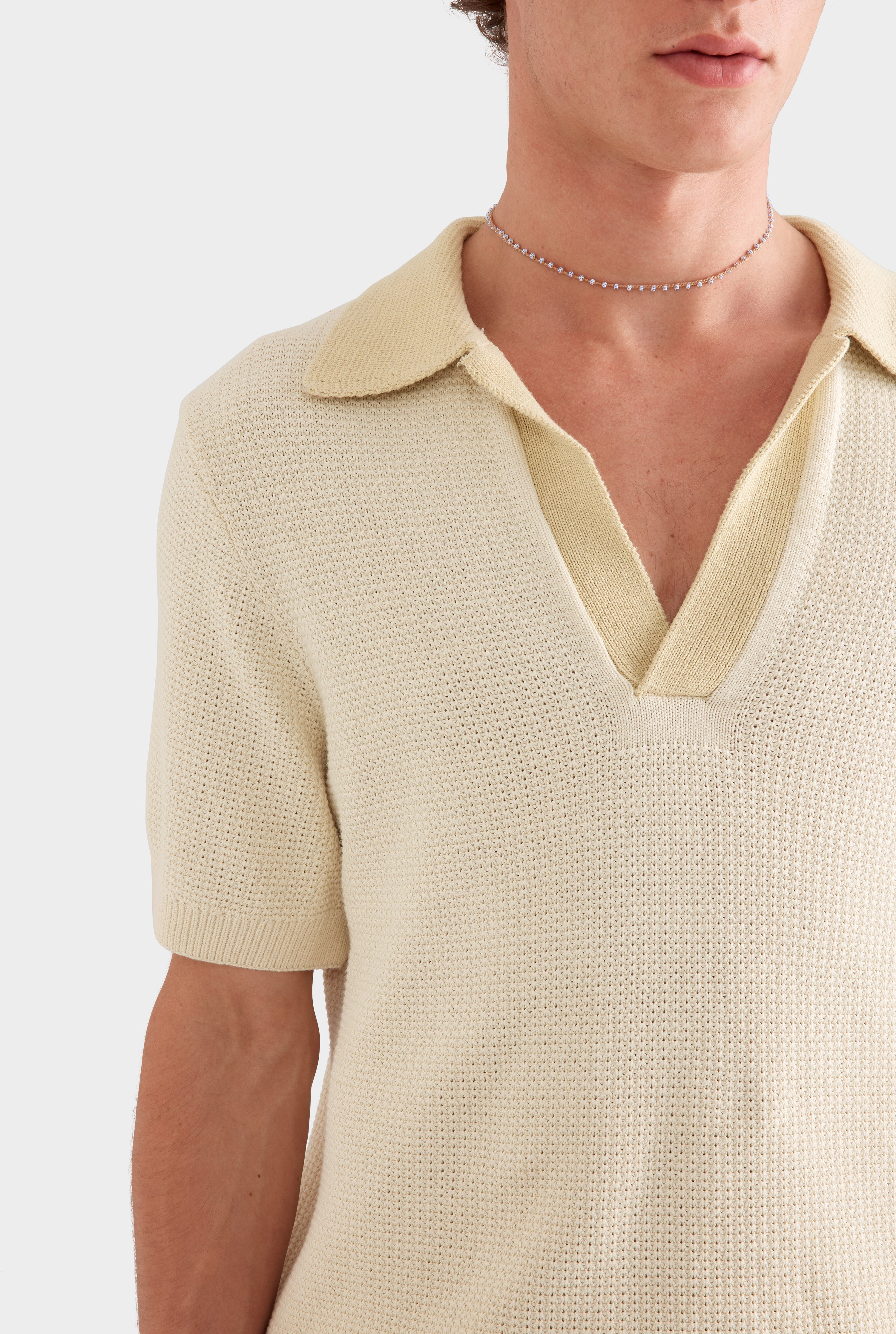 Relaxed Cotton Knit Open Neck Polo -  Cream/Green Haze