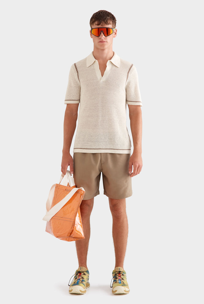 Rib Knit Open Neck Polo - Cream/Pebble