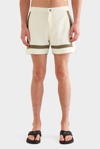 Snaplock Panelled Border Swim Short - Cream/Olive