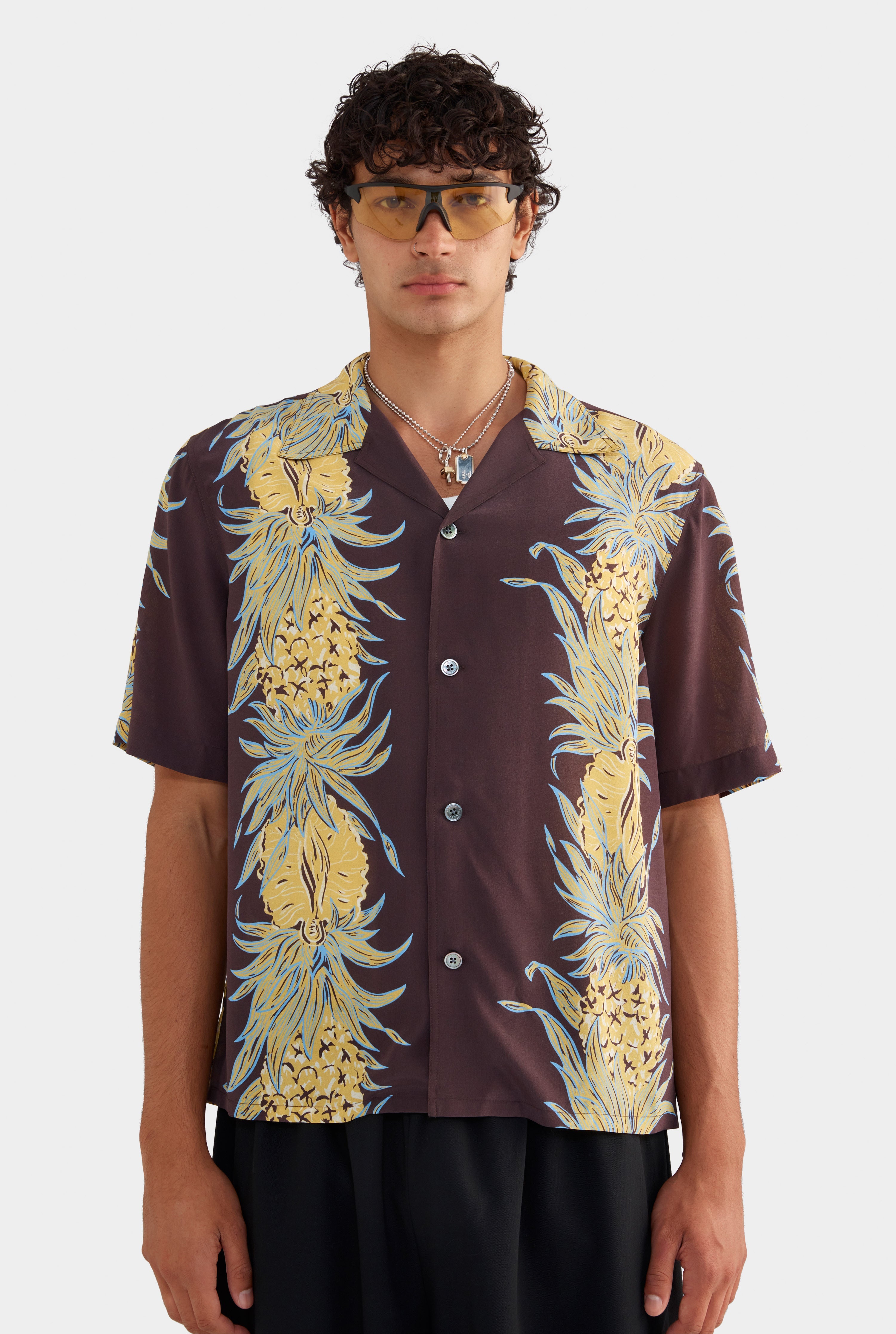 Silk Boxy Camp Collar Shirt - Pineapple Print