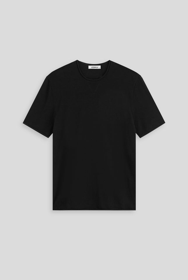 Rolled Edge Cotton Knit T-Shirt - Black