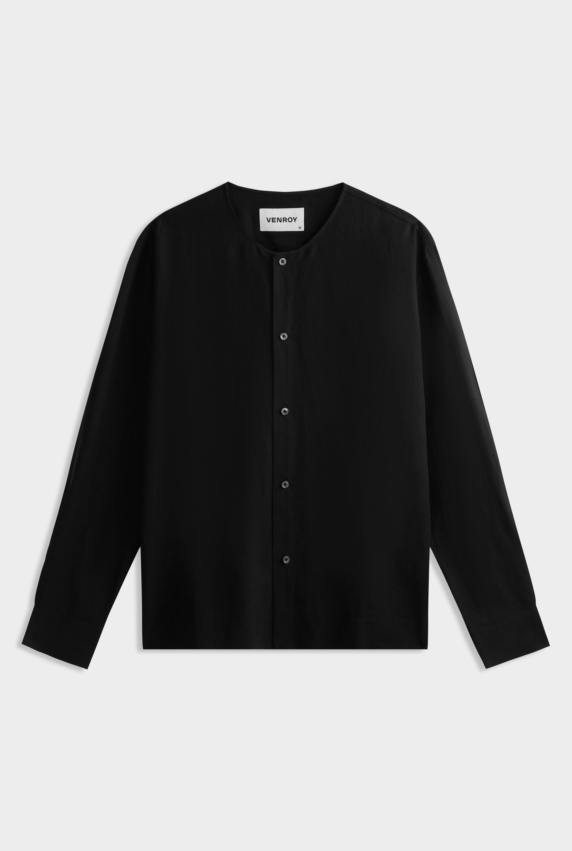 Long Sleeve Silk Linen Collar Short Sleeve Shirt -  Black