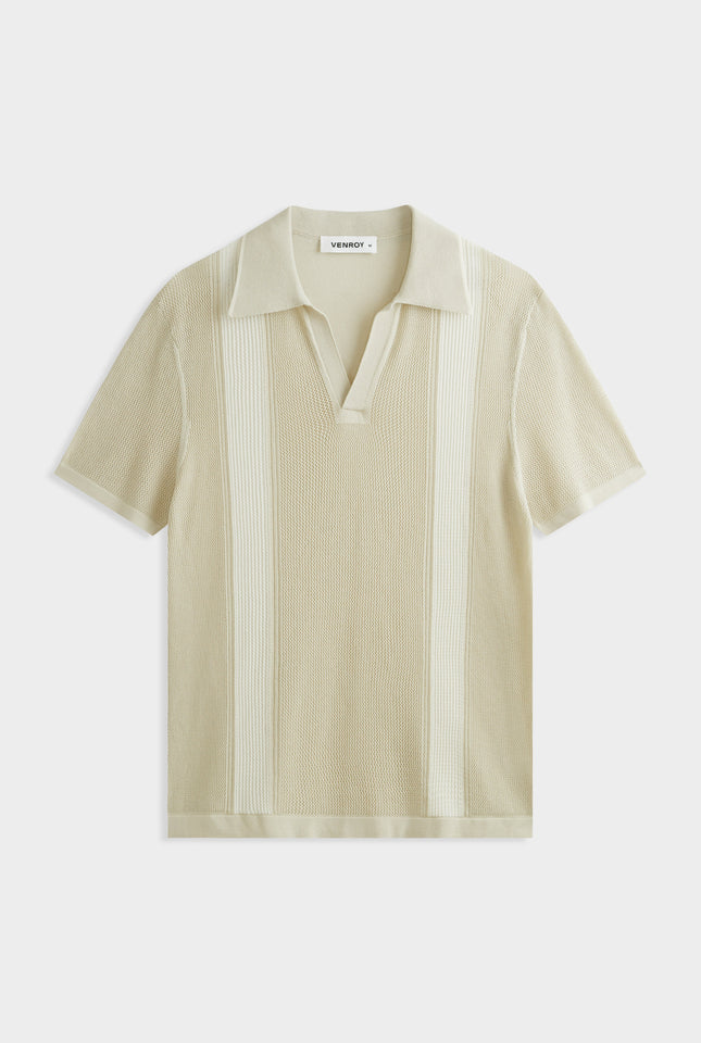 Knitted Cotton Pique Open Neck Polo -  Pistachio Shell/Cream