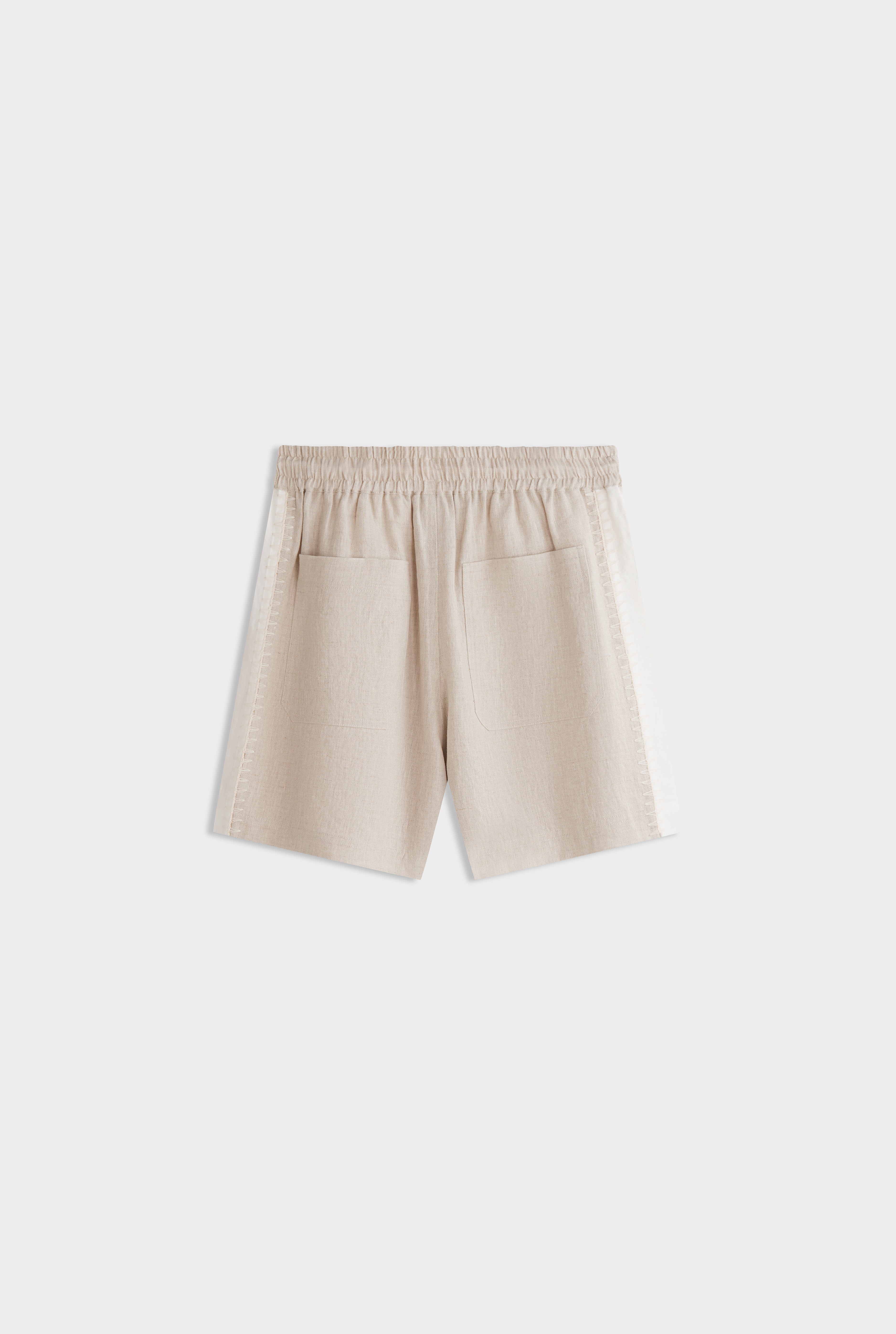 Panelled Crochet Stitch Linen Short - Sand/Off White