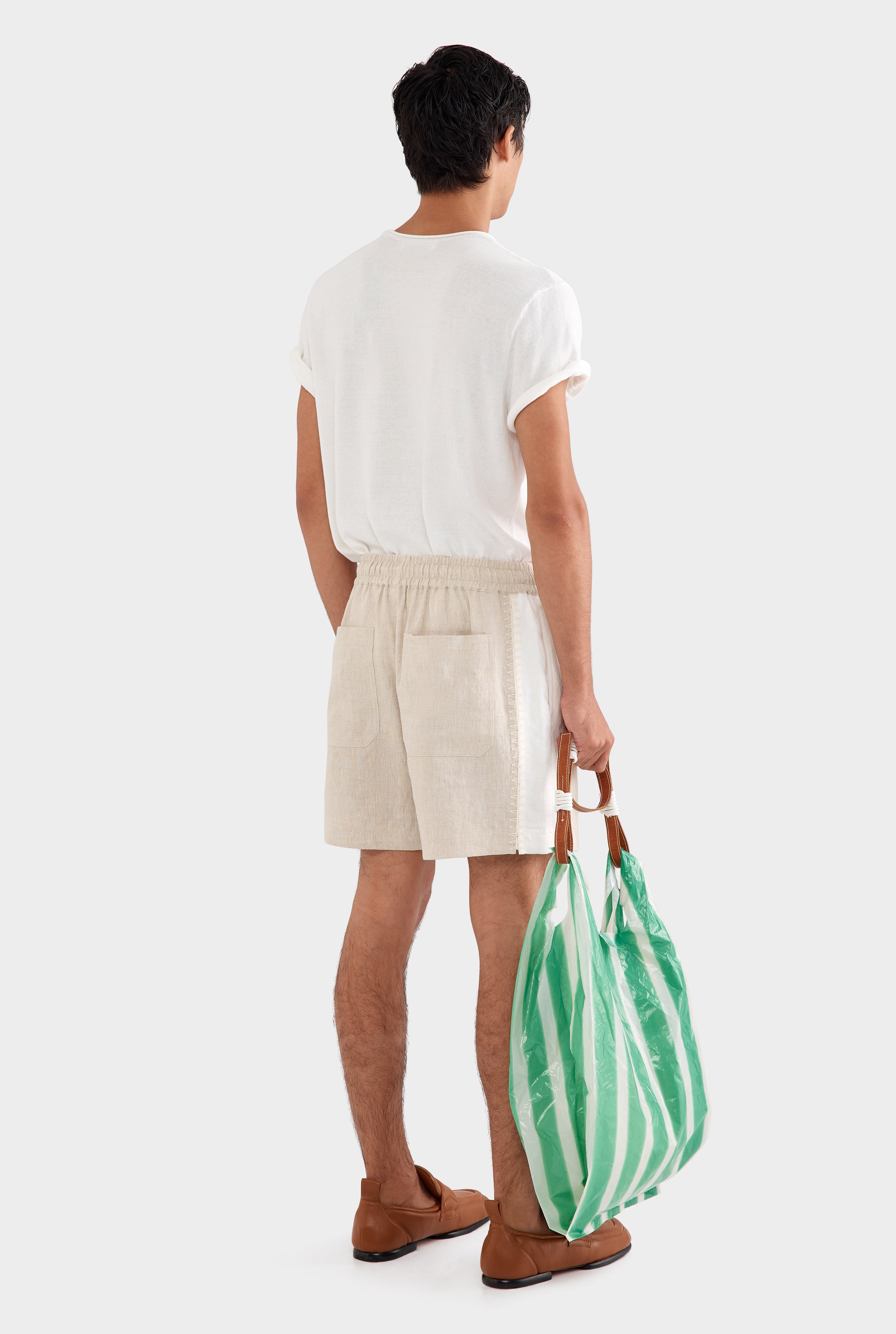 Panelled Crochet Stitch Linen Short - Sand/Off White