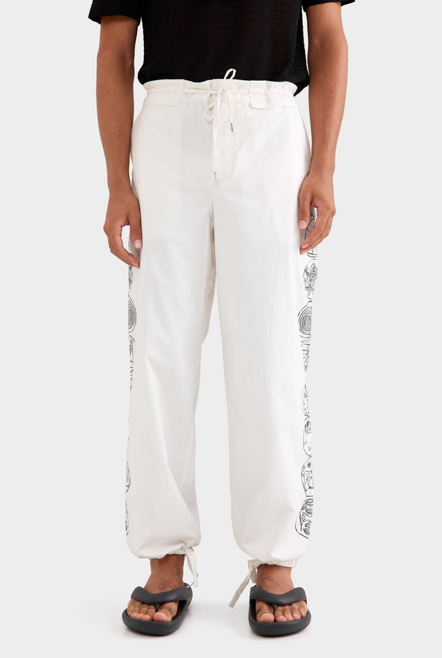 Printed Cotton Paperbag Trouser - Off White Grecian Coins