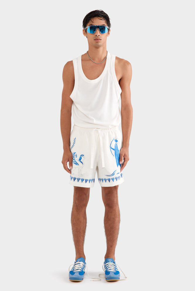 Printed Lounge Short - Off White/Blue Ceramic Scene