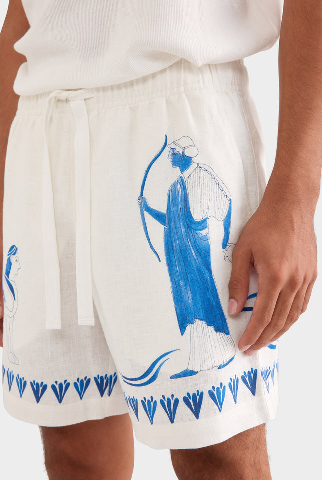 Printed Lounge Short - Off White/Blue Ceramic Scene