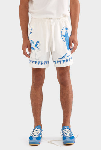 Printed Lounge Short - Off White/Blue Ceramic Scene