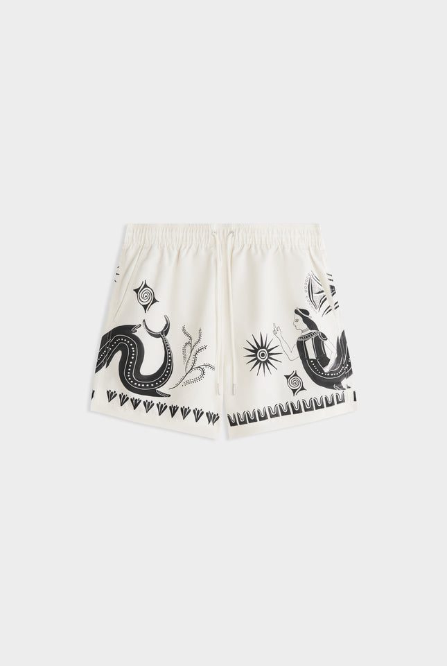 Printed Swim Short - Off White/Black Ceramic Scene