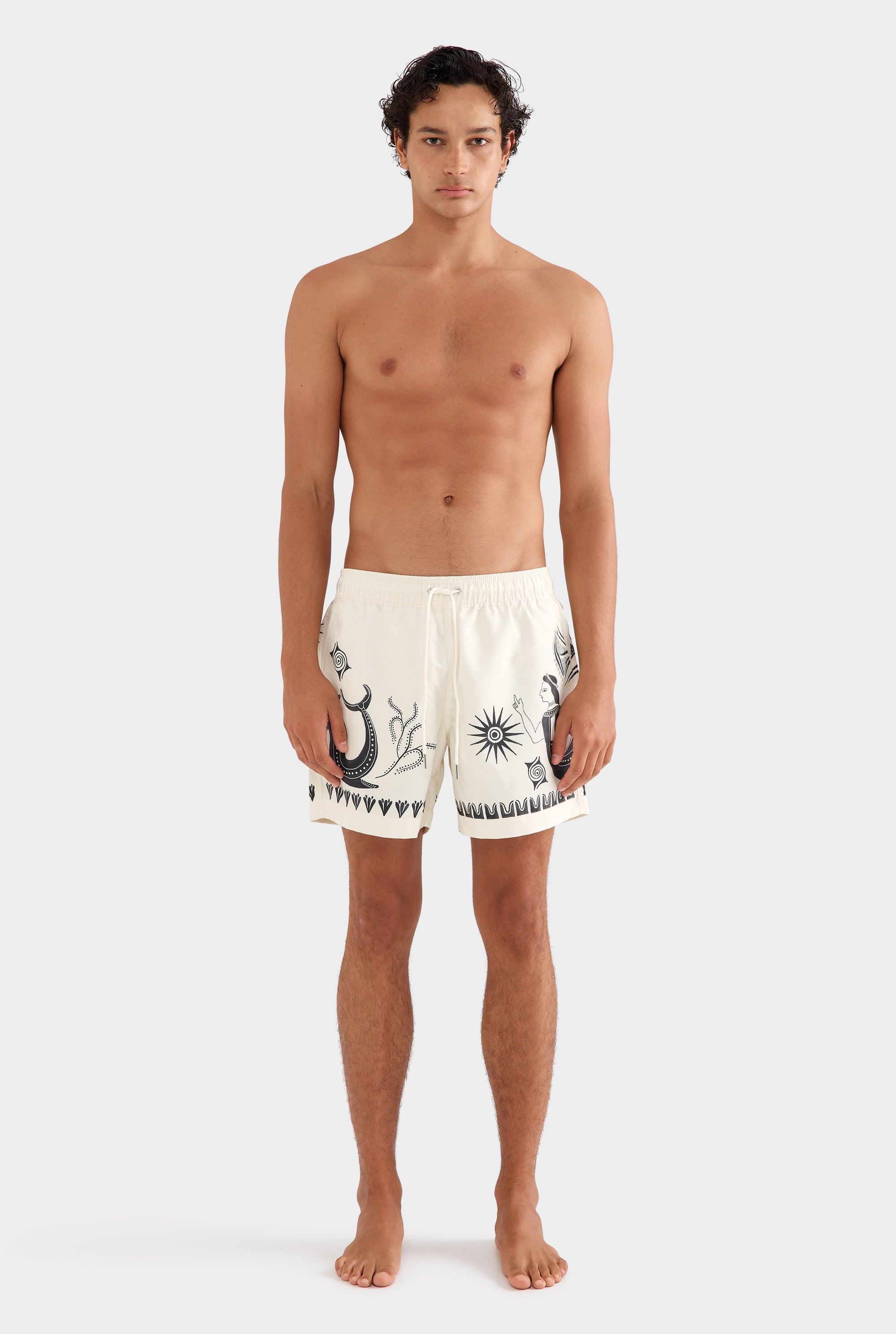 Printed Swim Short - Off White/Black Ceramic Scene