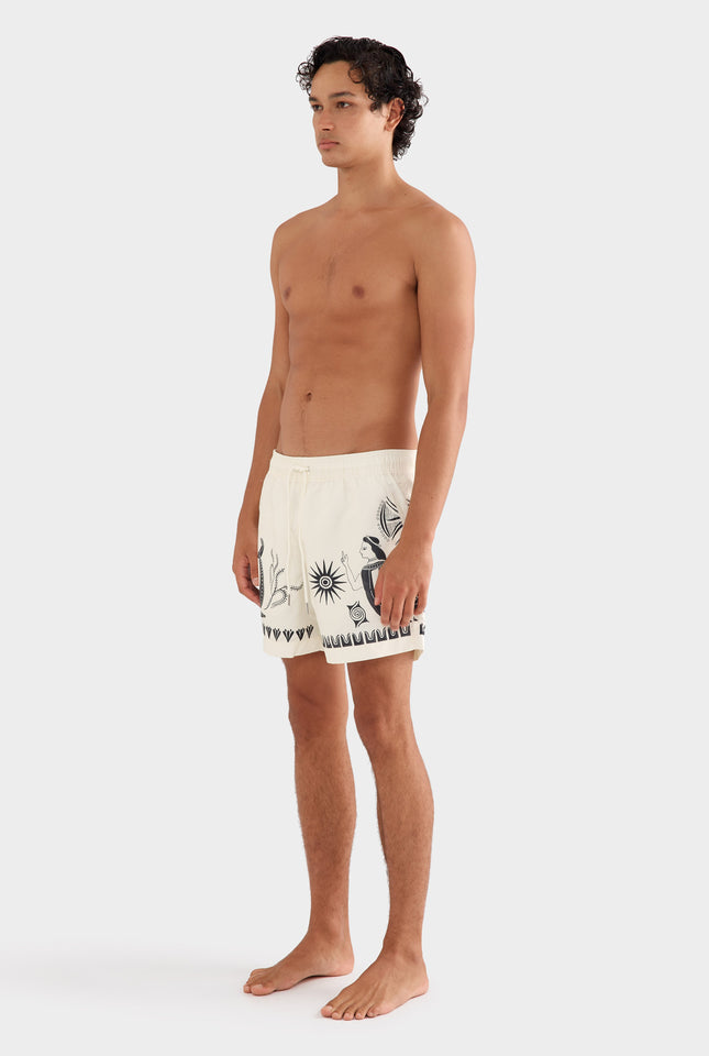 Printed Swim Short - Off White/Black Ceramic Scene