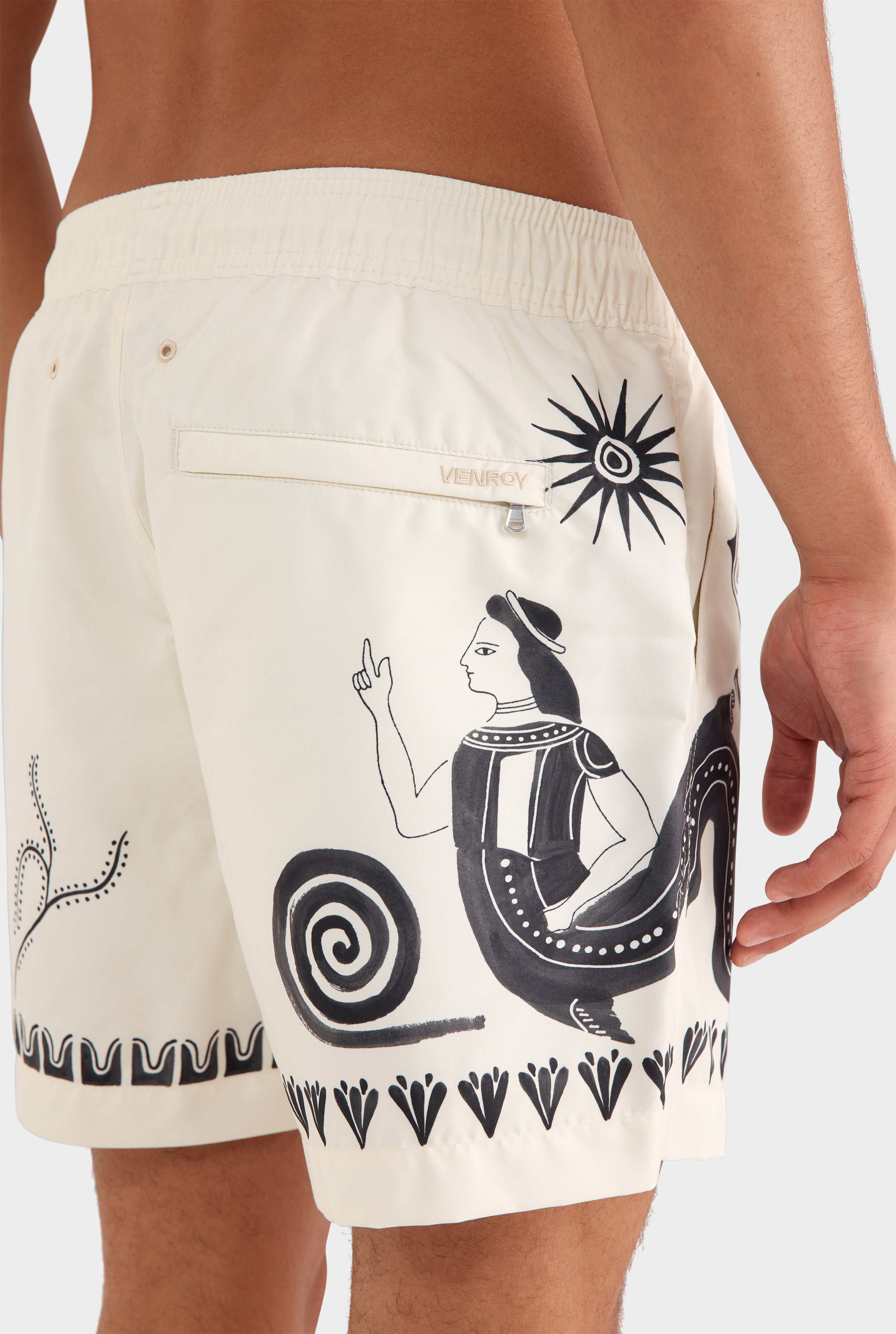 Printed Swim Short - Off White/Black Ceramic Scene