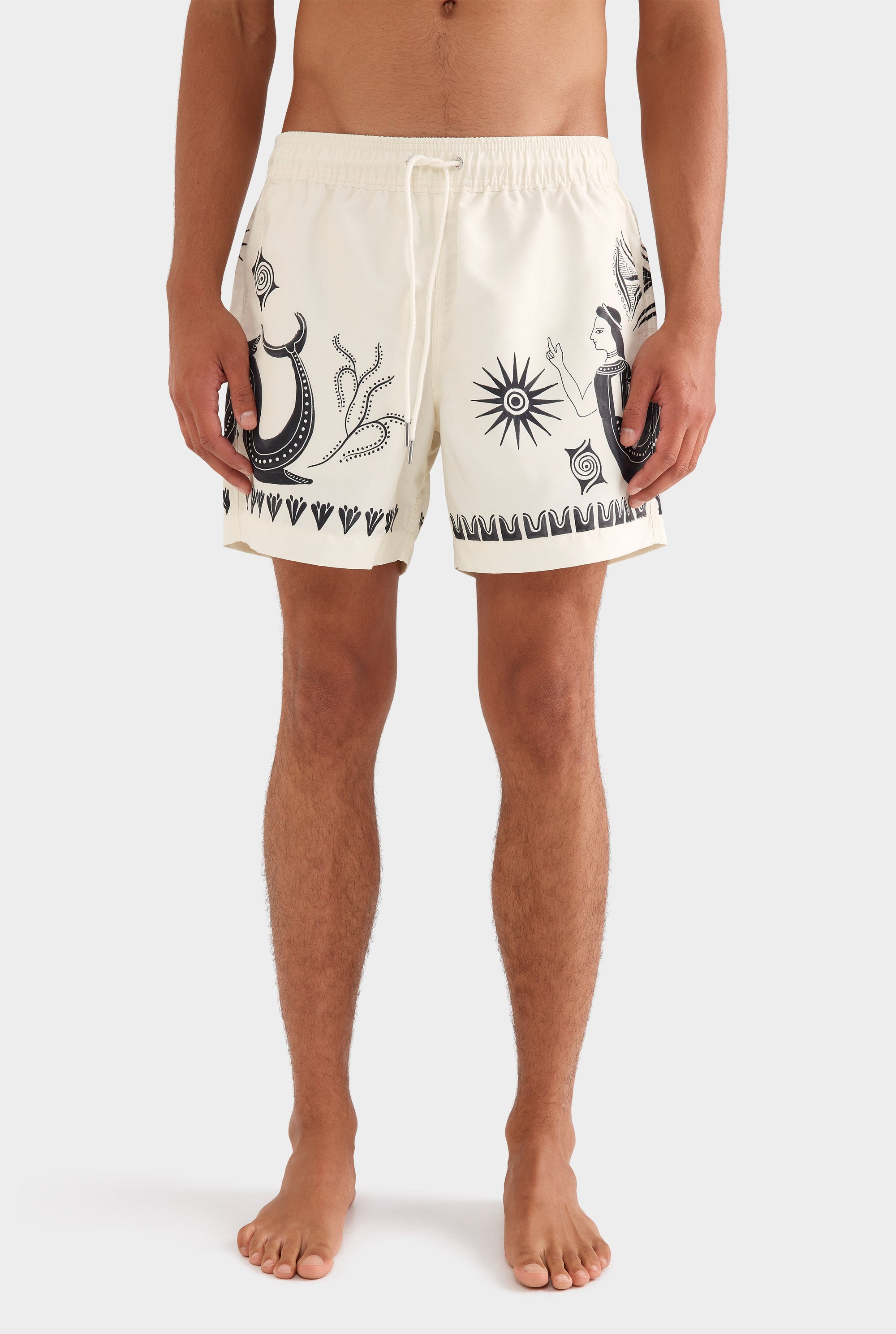 Printed Swim Short - Off White/Black Ceramic Scene