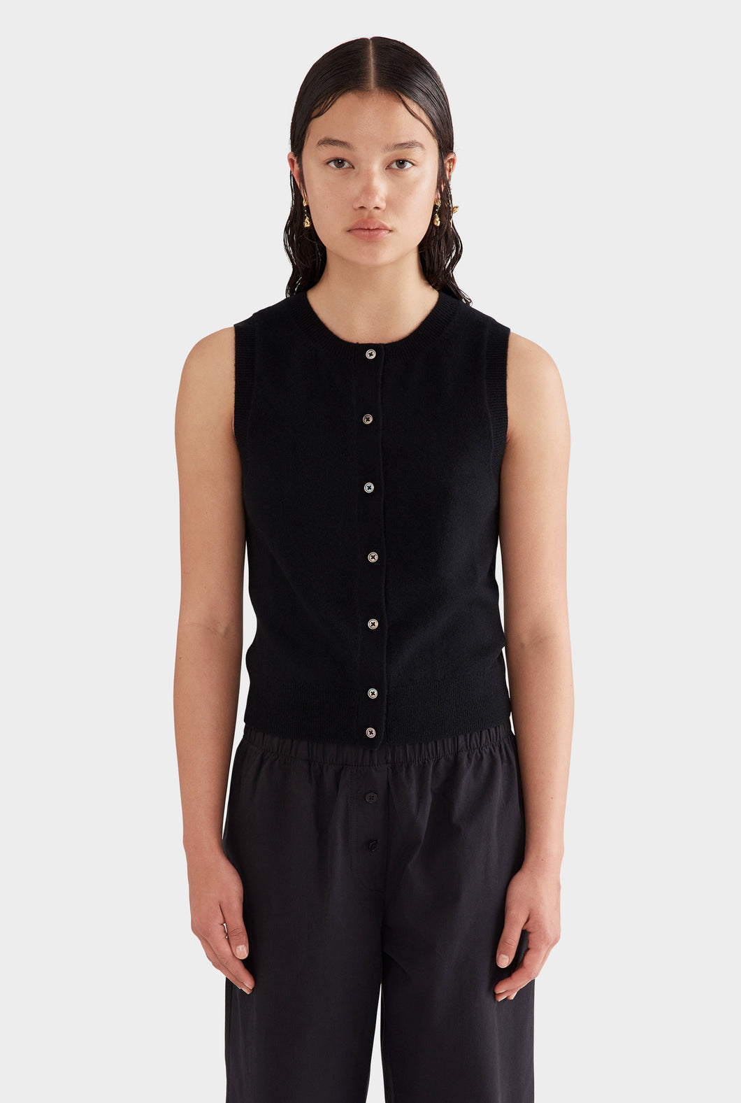 Cashmere Button Tank - Black