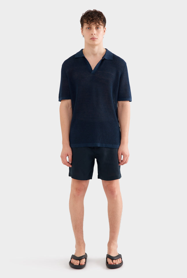 Rib Knit Open Neck Polo - Navy