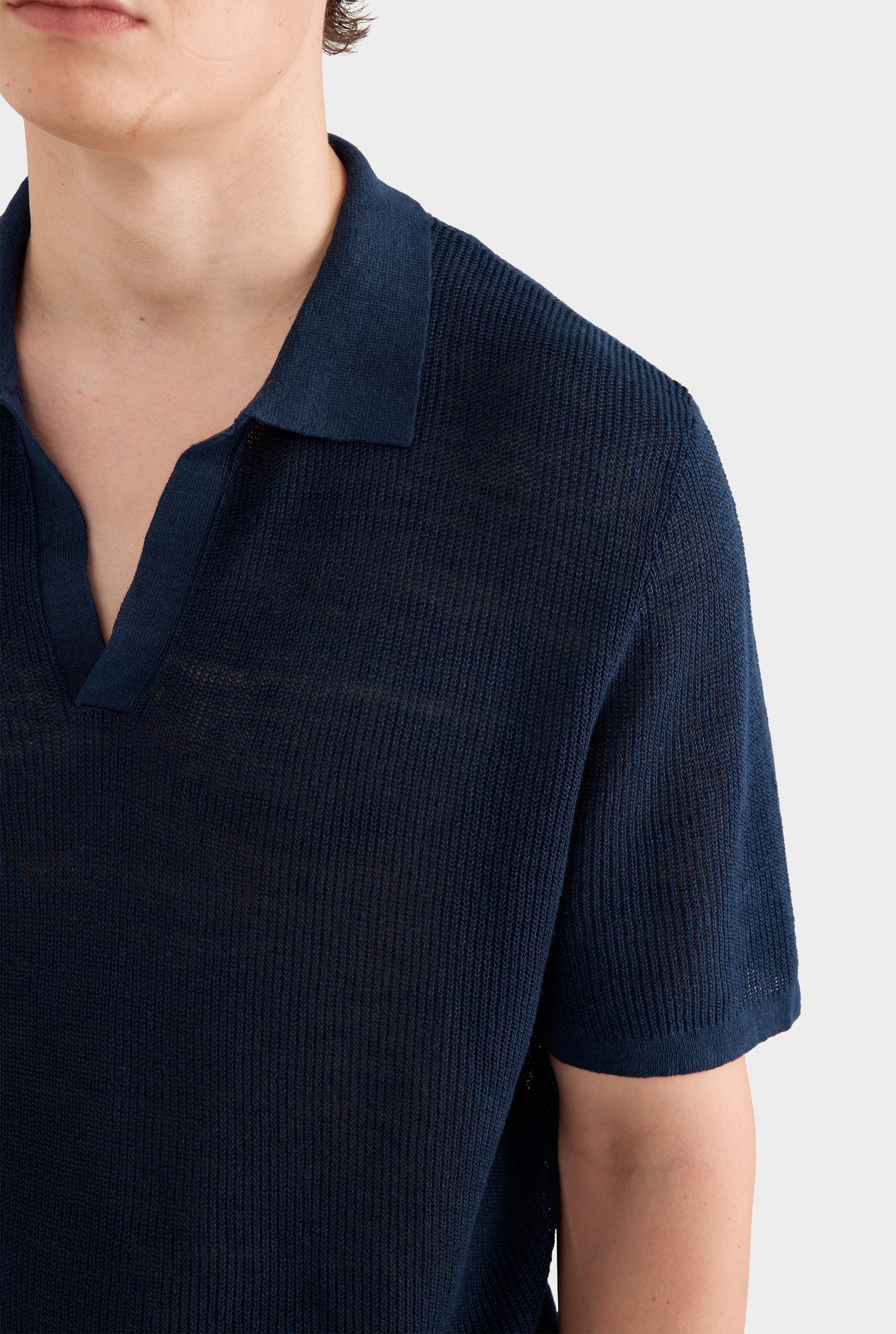 Rib Knit Open Neck Polo - Navy