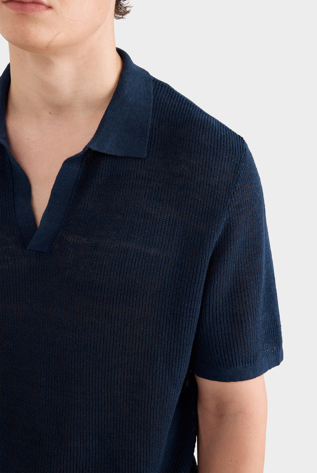 Rib Knit Open Neck Polo - Navy