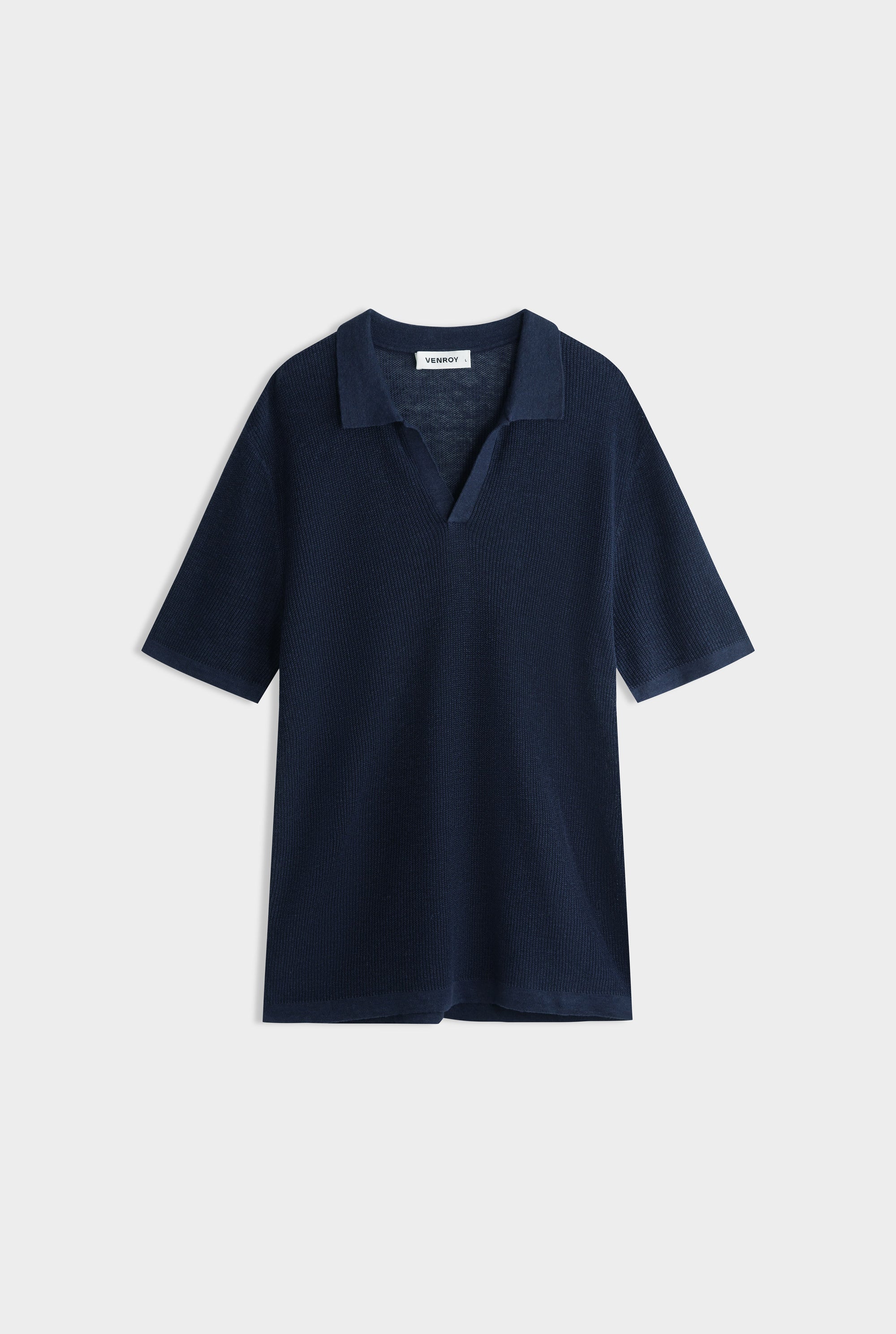 Rib Knit Open Neck Polo - Navy