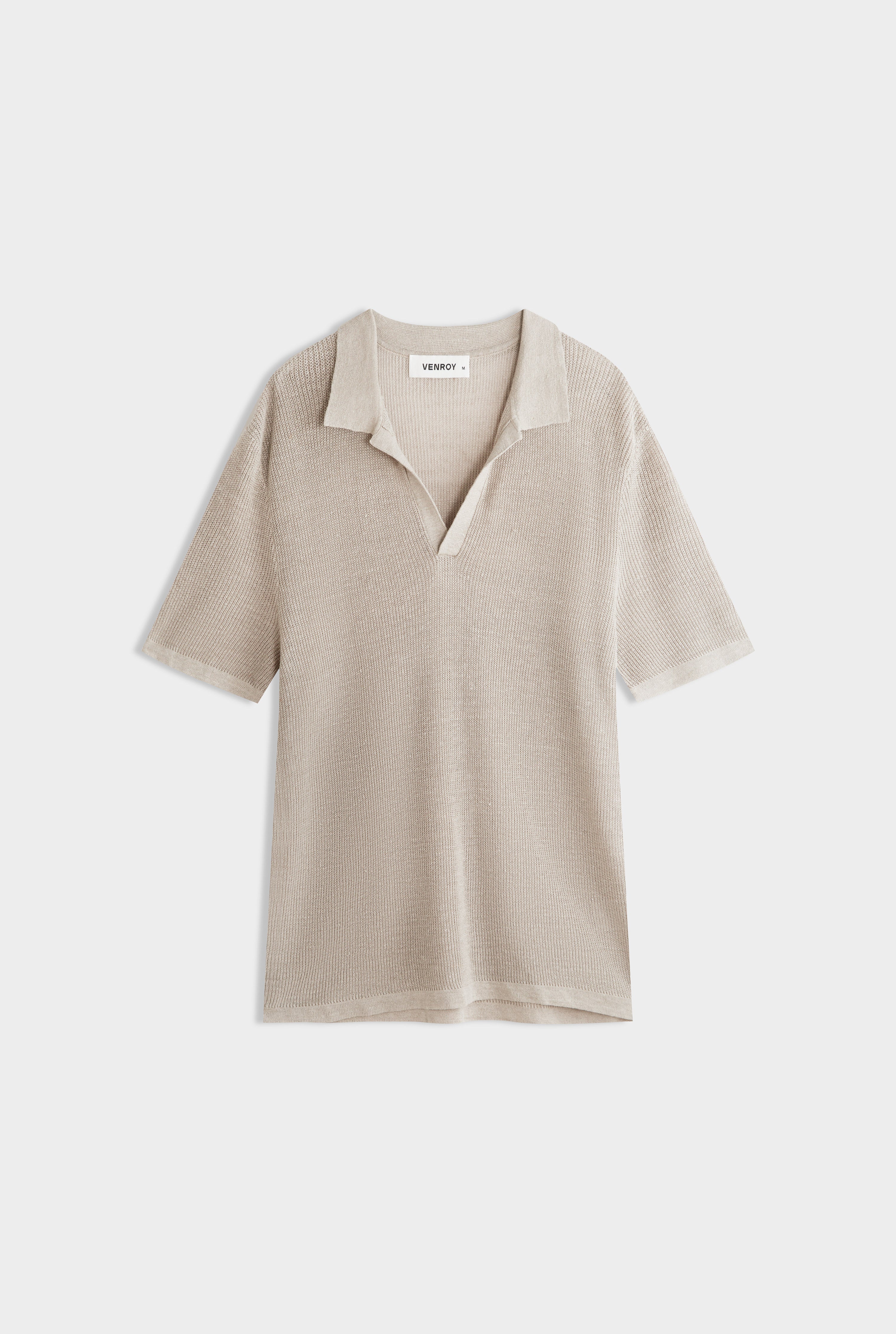 Rib Knit Open Neck Polo - Taupe