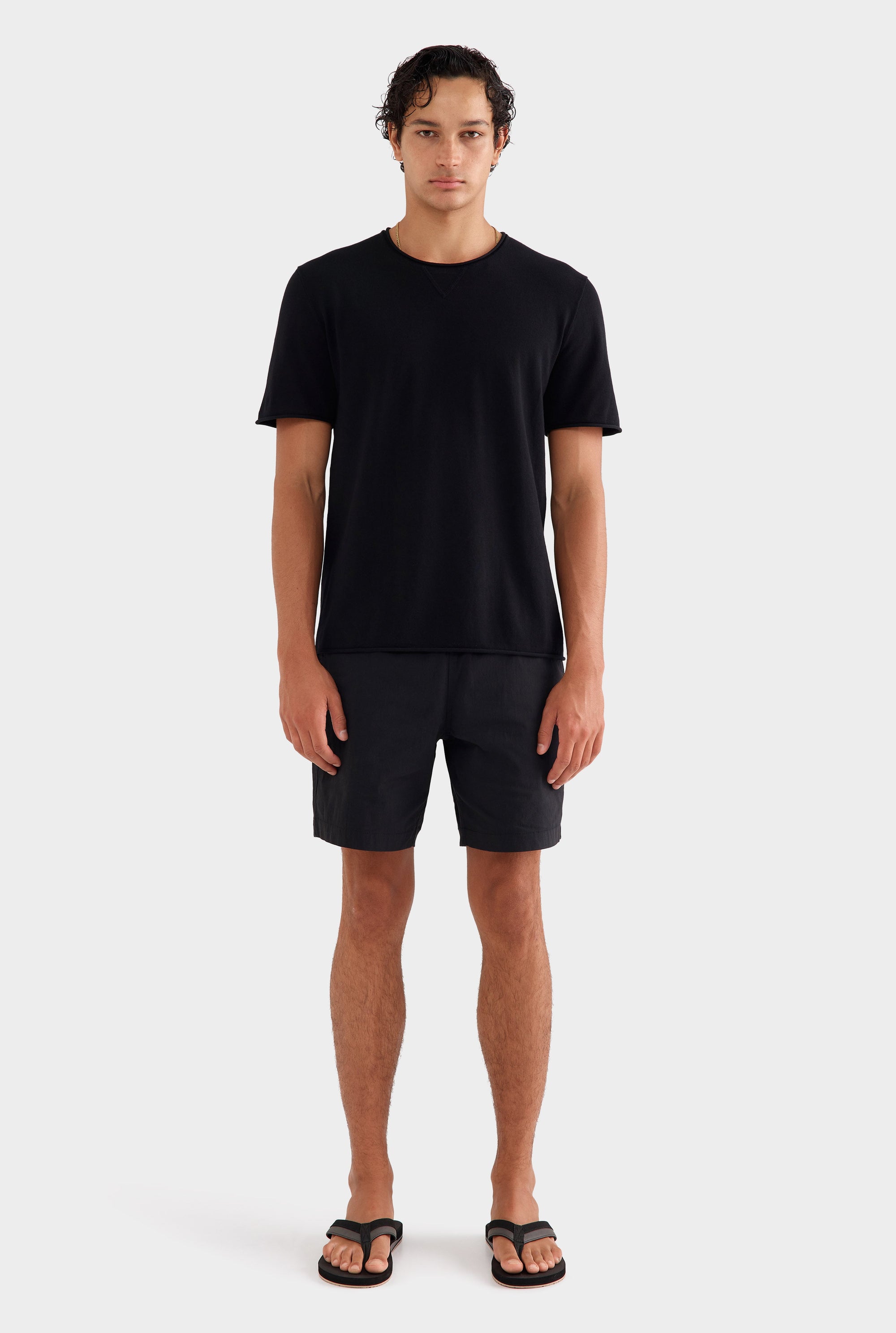 Rolled Edge Cotton Knit T-Shirt - Black