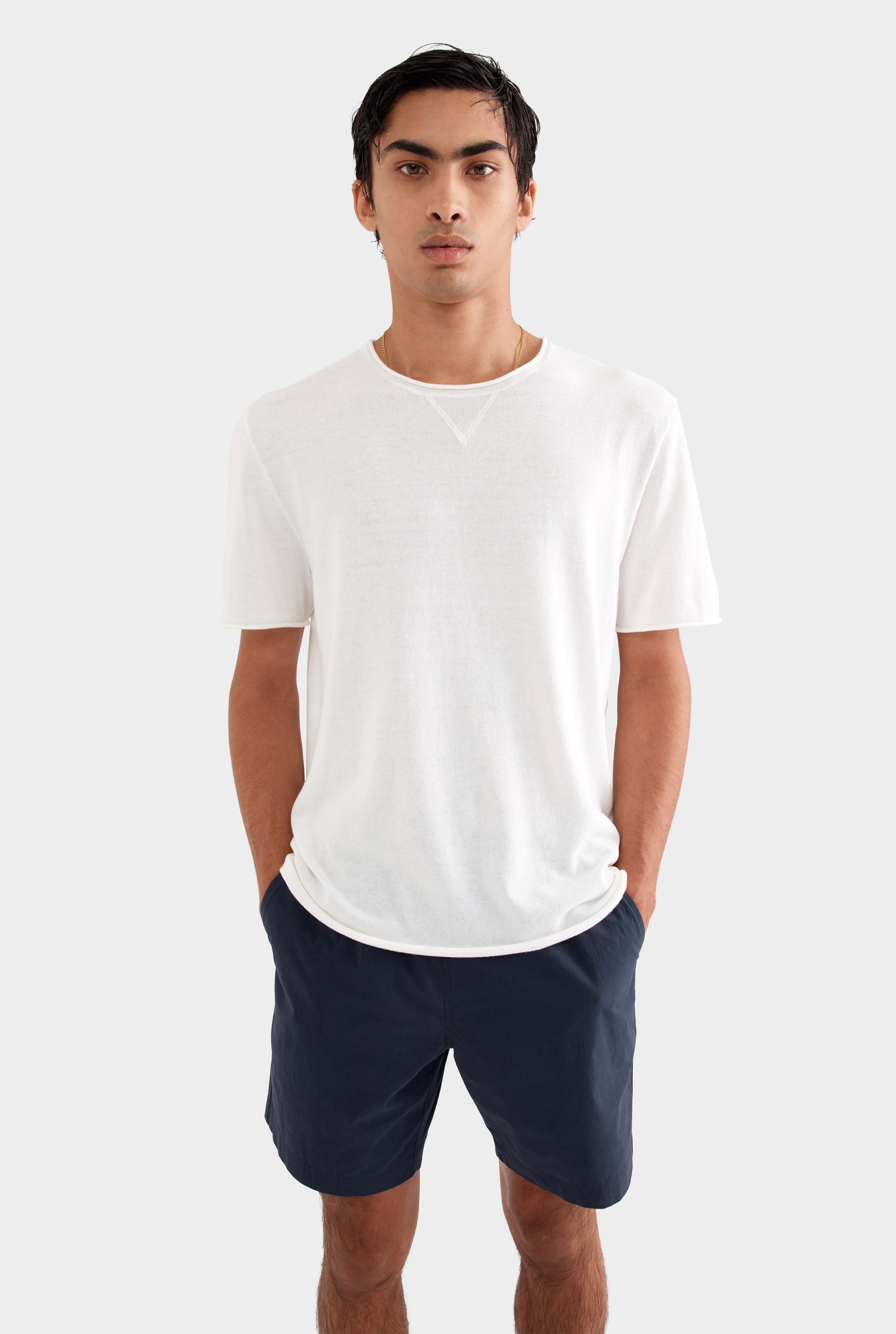 Rolled Edge Cotton Knit T-Shirt - Off White