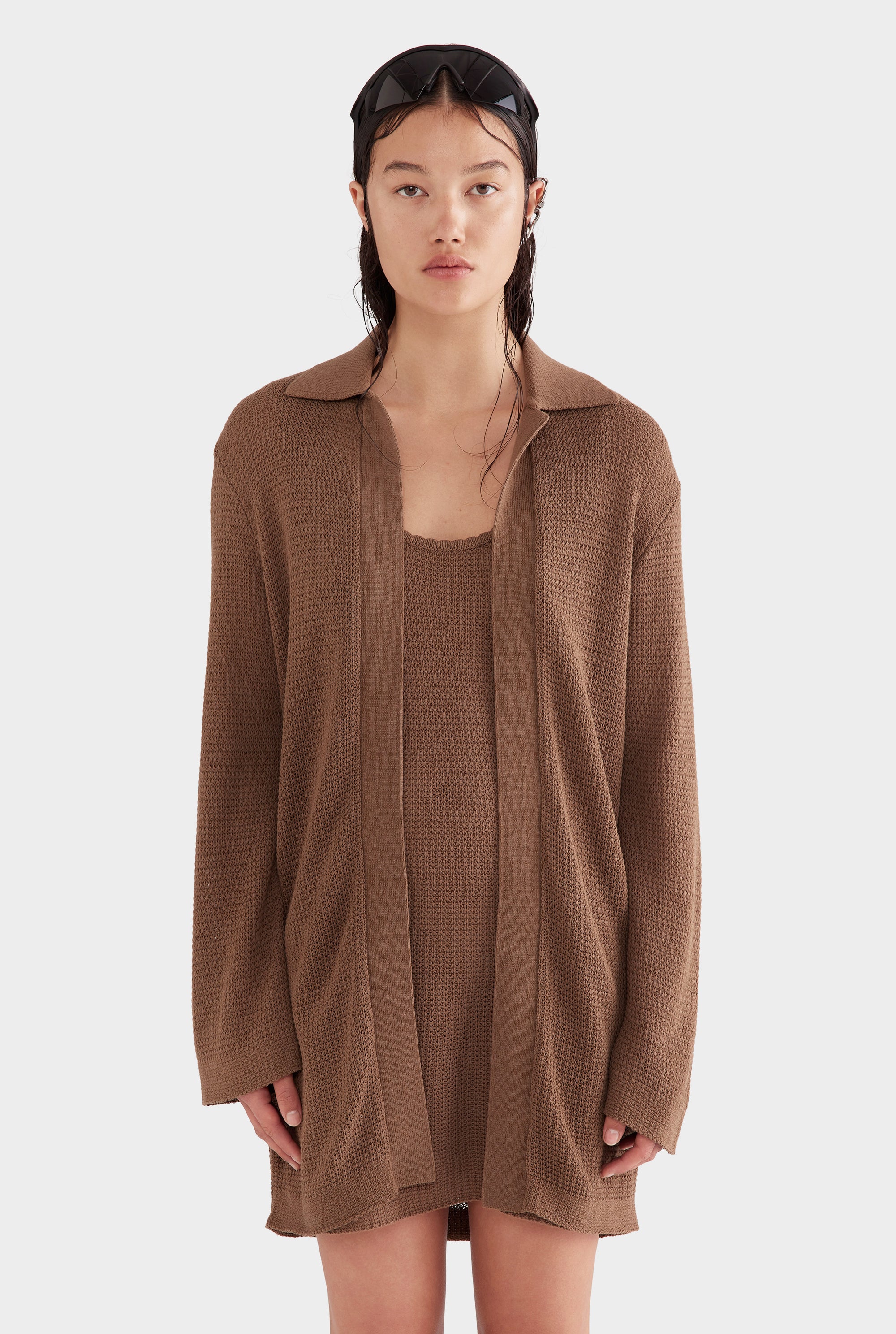 Cotton Collared Knit Cardigan - Moss Brown