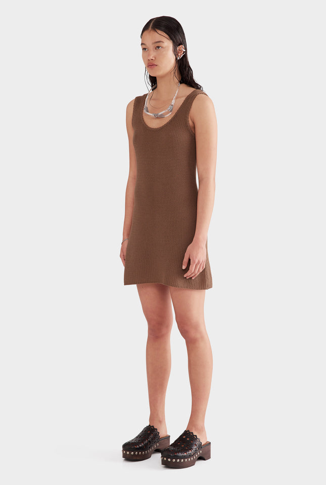 Cotton Knit Tank Mini Dress - Moss Brown