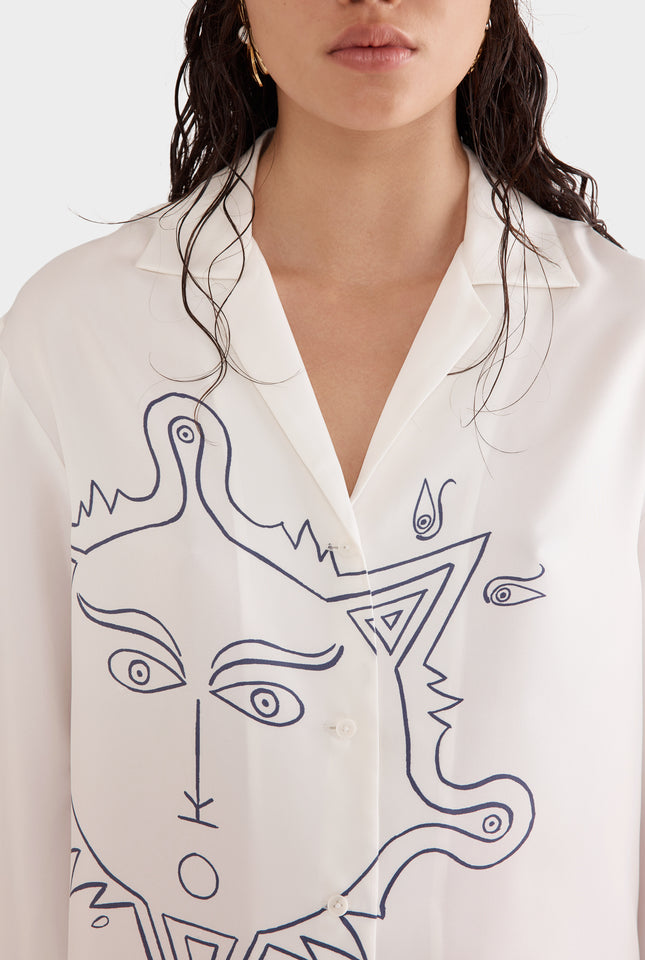 Printed Long Sleeve Camp Collar Silk Shirt - Off White/Soleil Et Mer Scene