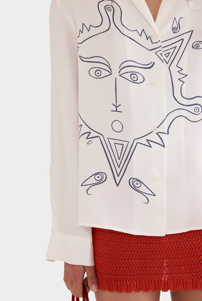 Printed Long Sleeve Camp Collar Silk Shirt - Off White/Soleil Et Mer Scene