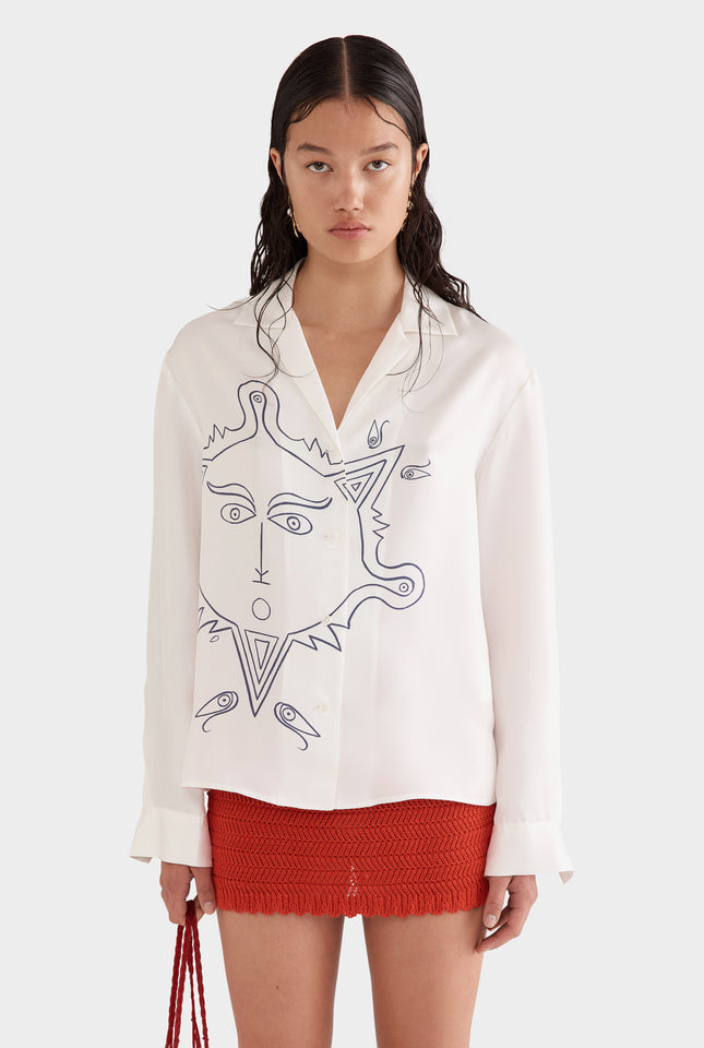 Printed Long Sleeve Camp Collar Silk Shirt - Off White/Soleil Et Mer Scene