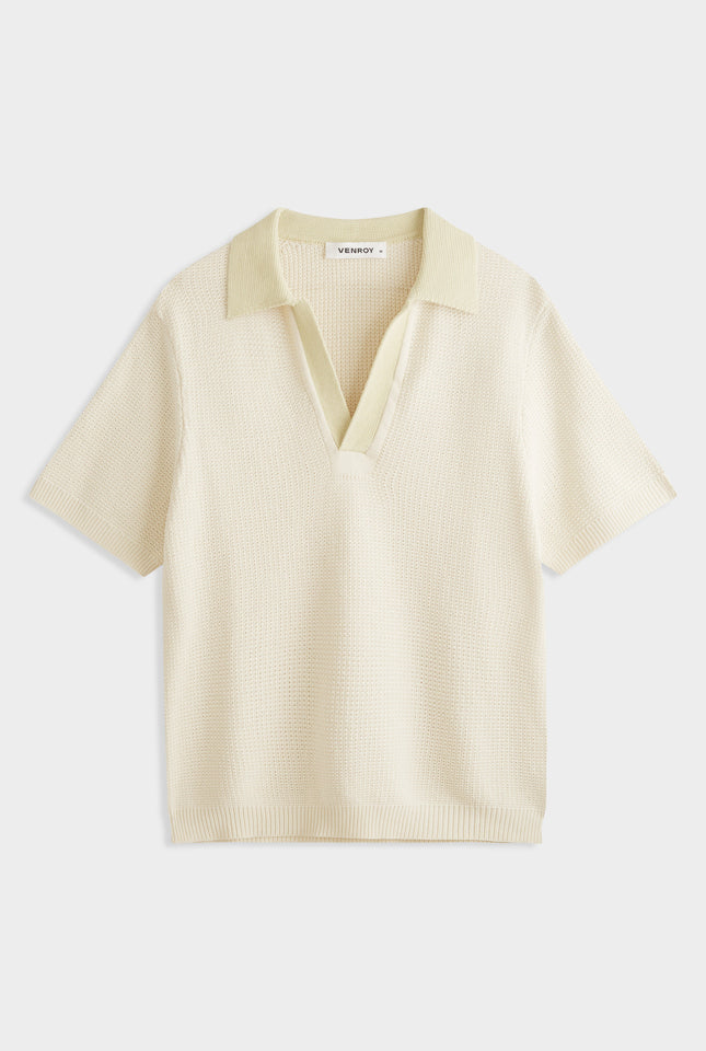 Relaxed Cotton Knit Open Neck Polo -  Cream/Green Haze