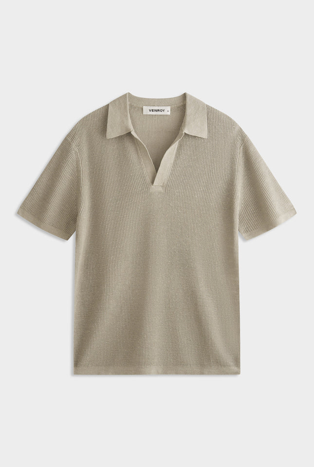 Rib Knit Open Neck Polo 2.0 - Taupe