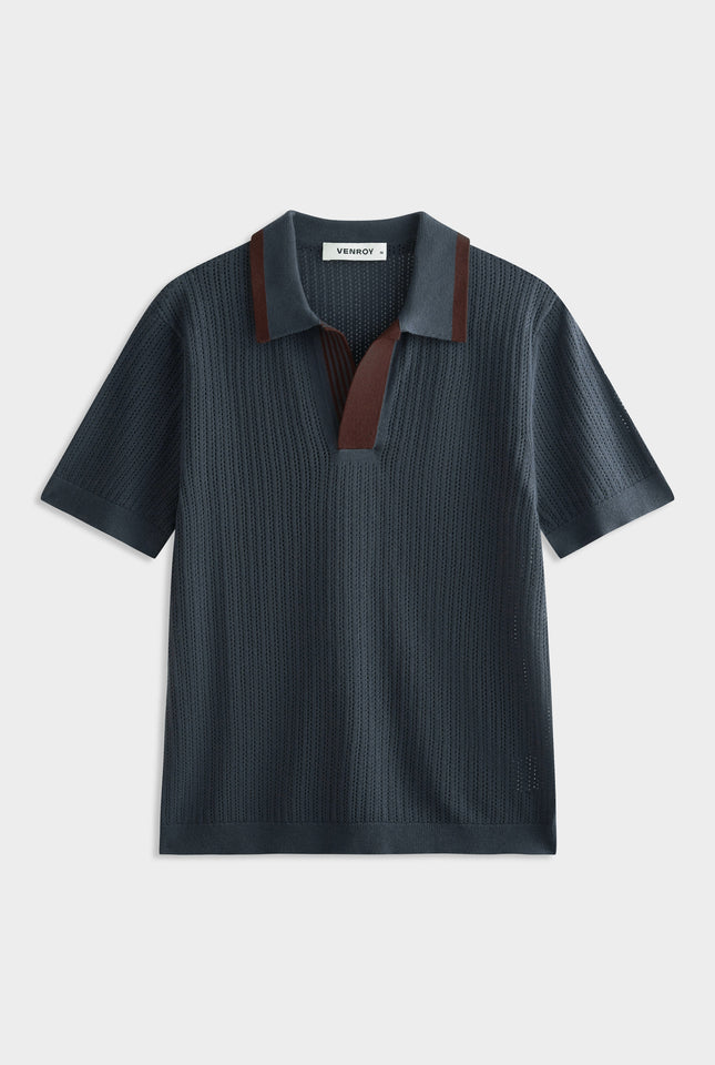 Stripe Collar Cotton Knit Open Neck Polo - Stormy Blue/Brown Mahogany