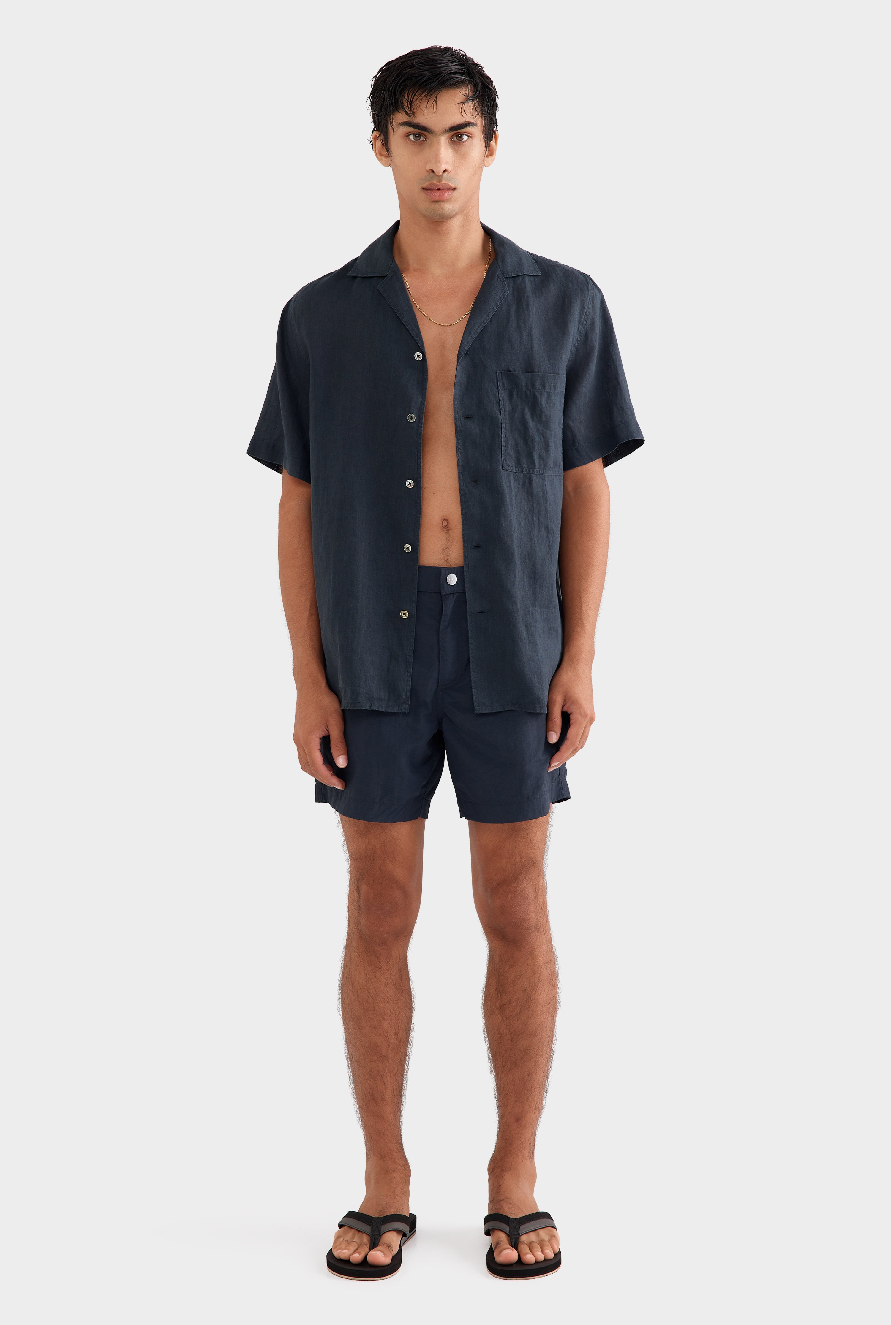 Short Sleeve Linen Camp Collar Shirt - Navy