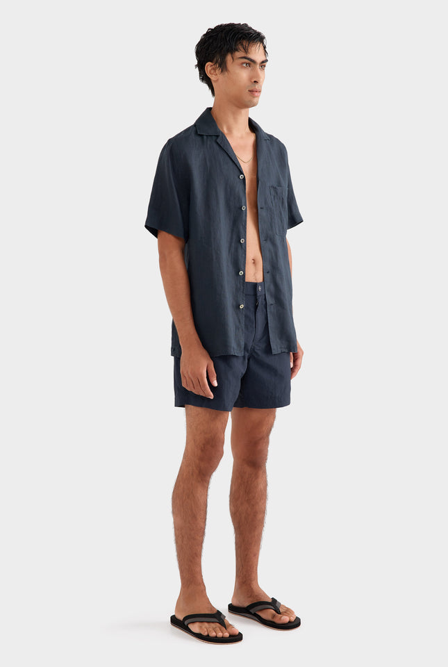 Short Sleeve Linen Camp Collar Shirt - Navy