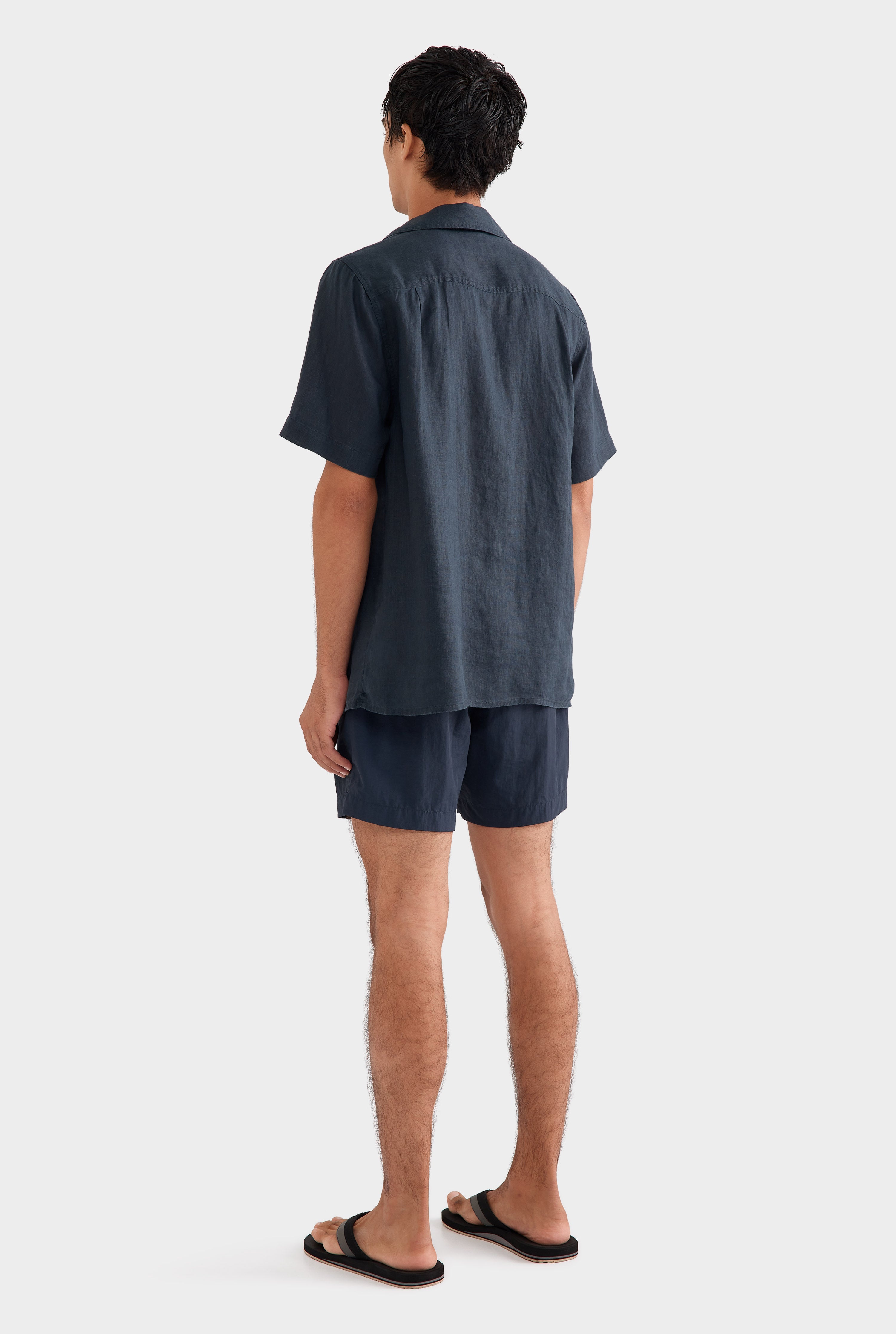 Short Sleeve Linen Camp Collar Shirt - Navy