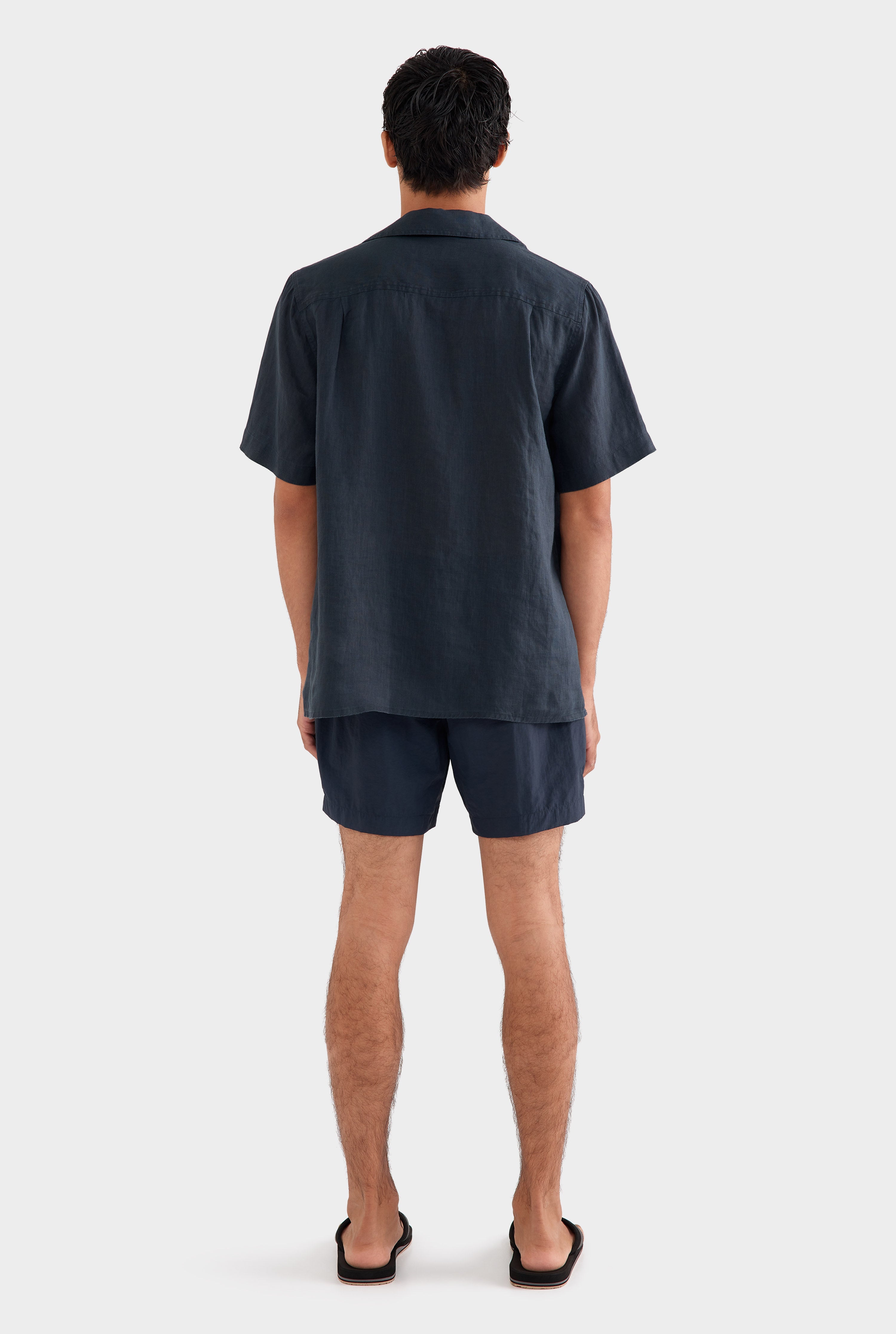 Short Sleeve Linen Camp Collar Shirt - Navy